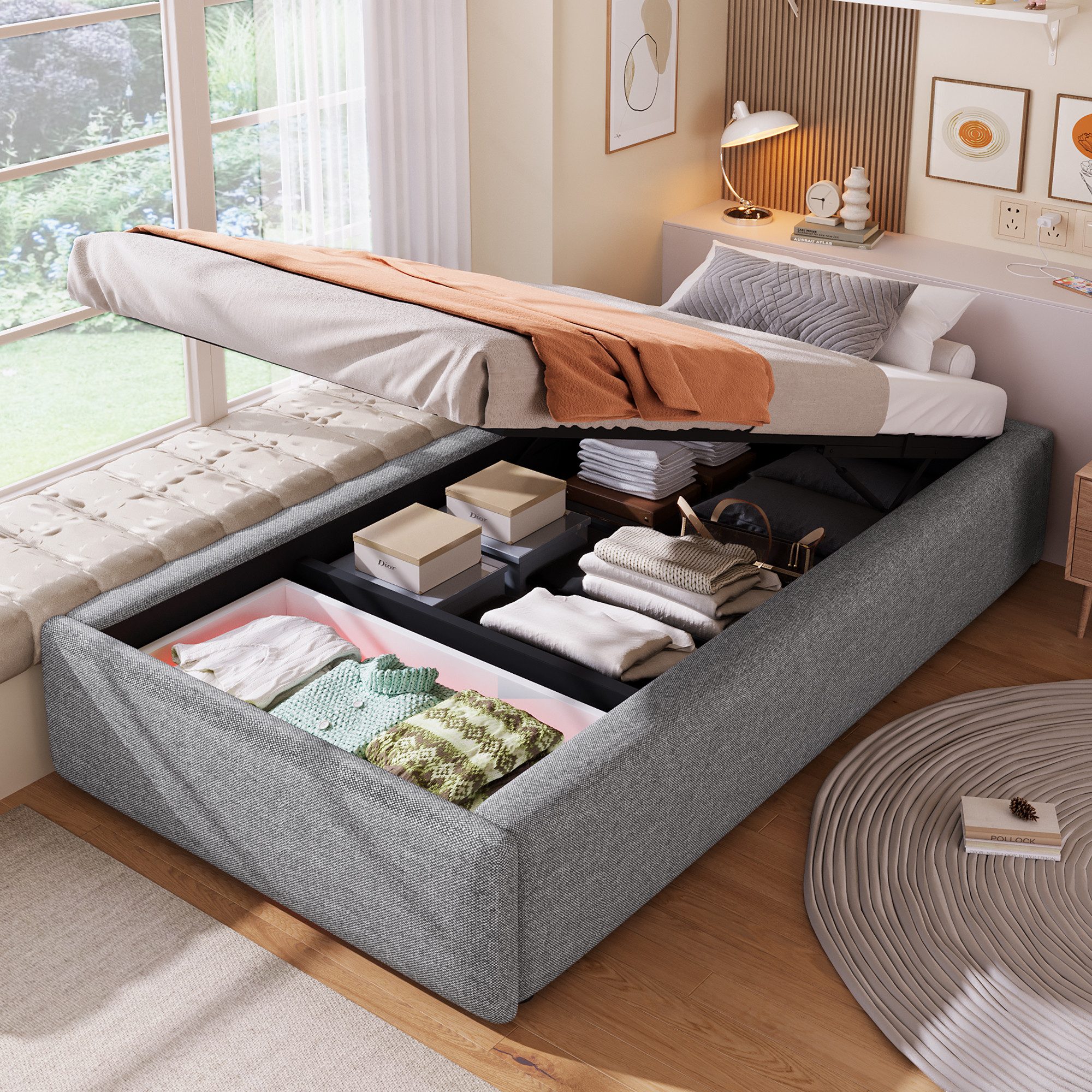 TavilaEcon Boxspringbett Polsterbett ohne Kopfteil, mit hydraulischer Lagerung und Schubladen, aus massivem MDF und Spanplatten, mit stabilem Bettrahmen