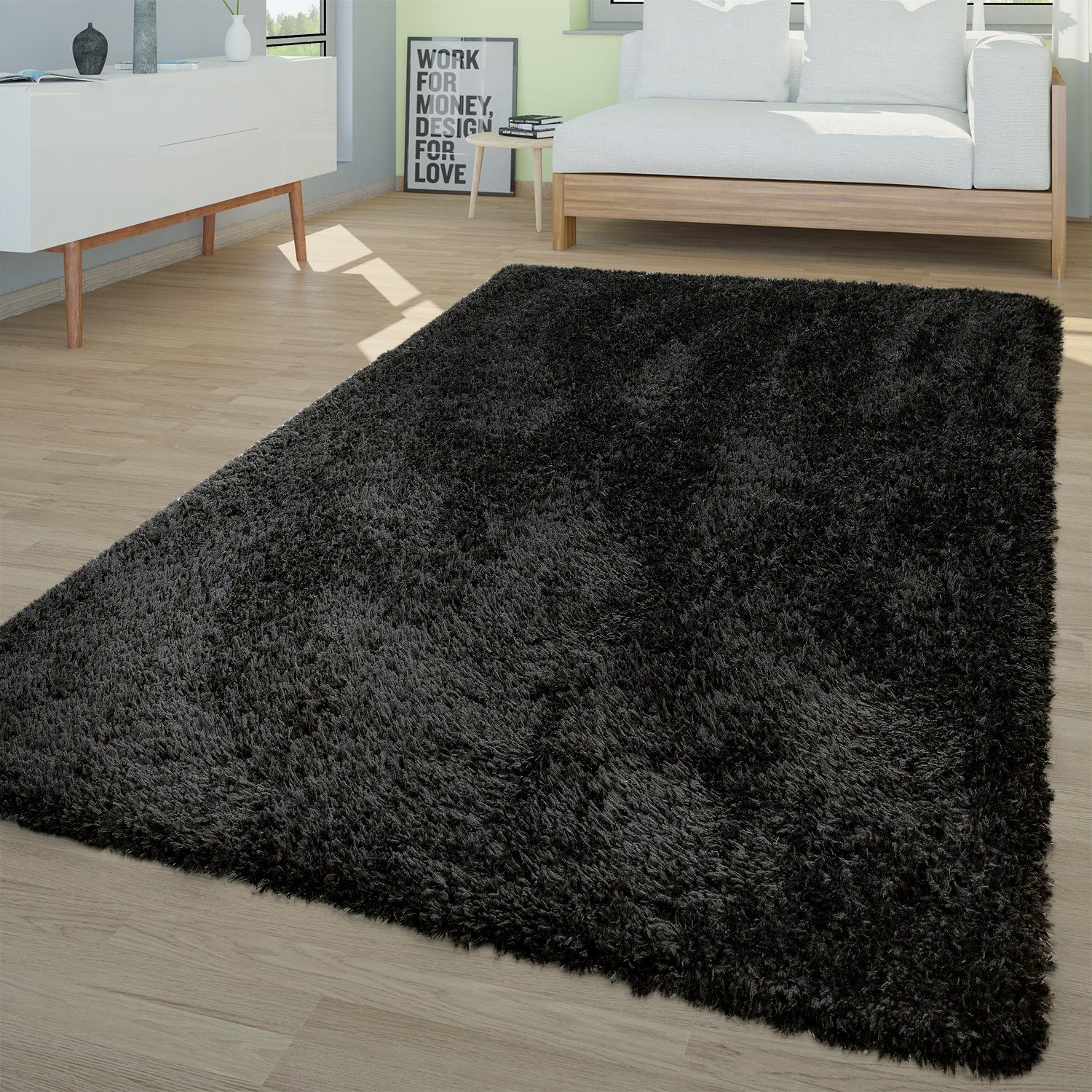 Hochflor-Teppich Waschbarer Hochflor Teppich Shaggy Flokati Look, TT Home, rechteckig, Höhe: 4 mm Schwarz