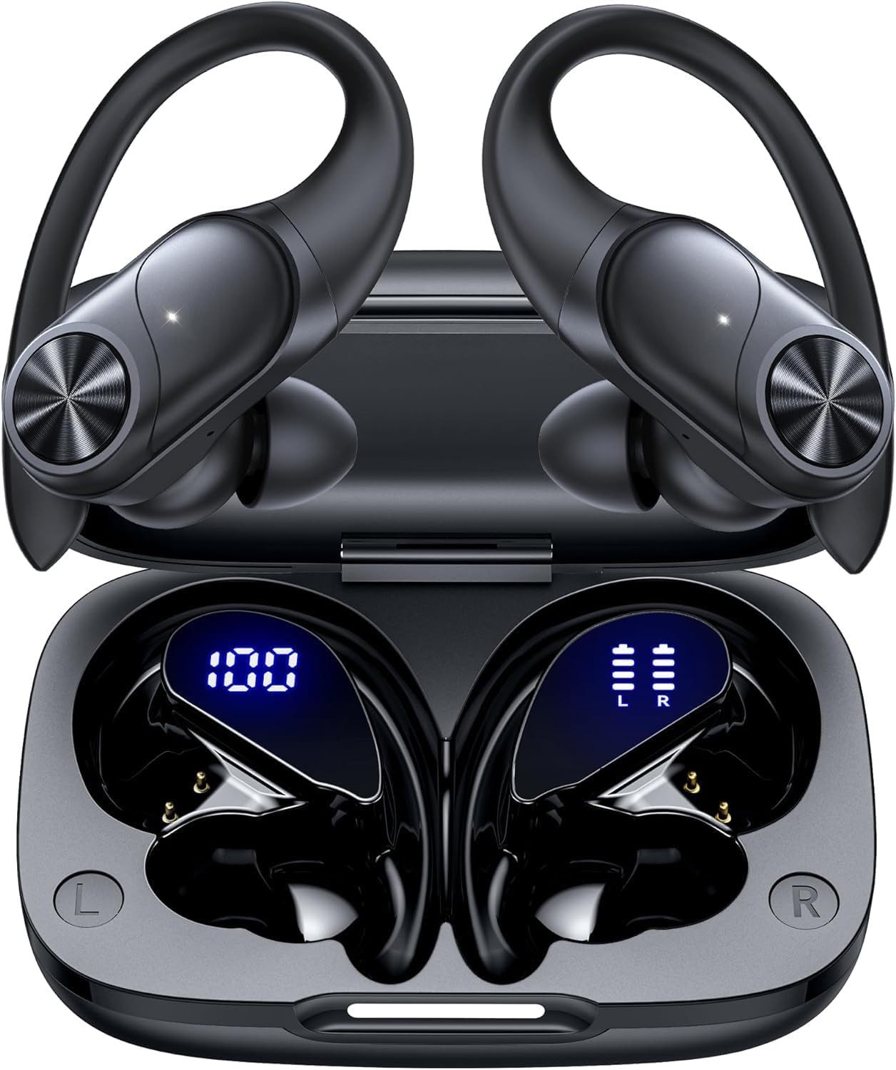 GameXtrem Kabellose 80 Stunden Spielzeit, Laden digitales Display In-Ear-Kopfhörer (Bluetooth-Kopfhörer mit Ein-Knopf-Steuerung für mühelose Bedienung., IPX7 wasserdicht, Ohrbügel, tiefer Bass für Handy, Laptop)