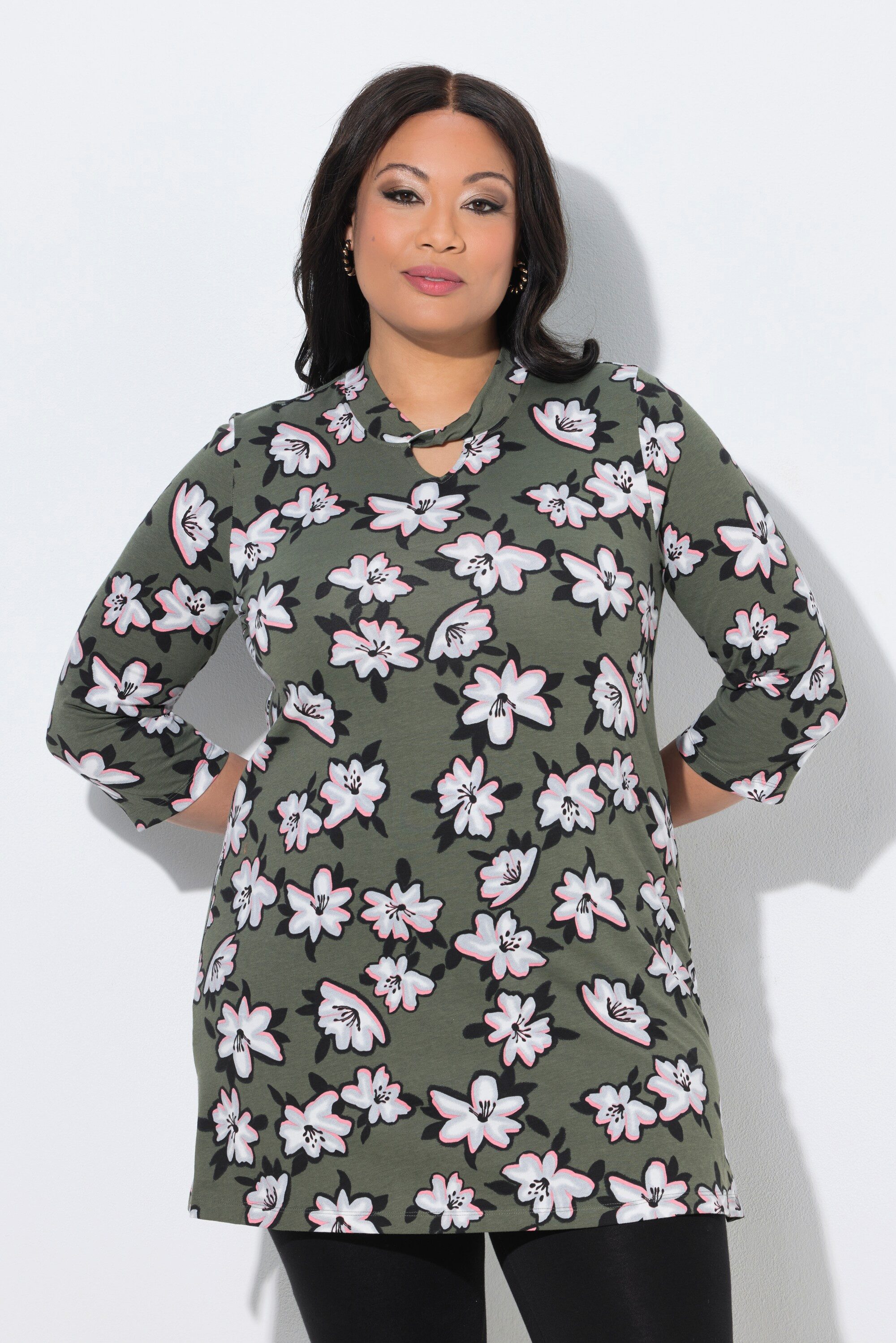 Ulla Popken Longshirt Longshirt Blüten A-Linie Stehkragen 3/4-Arm