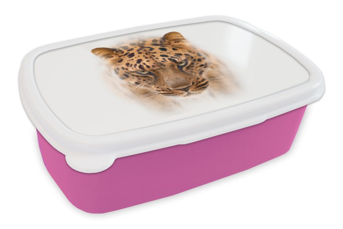 MuchoWow Lunchbox Leopard - Weiß - Gesicht, Kunststoff, (2-tlg), Brotbox für Erwachsene, Brotdose Kinder, Snackbox, Mädchen, Kunststoff rosa