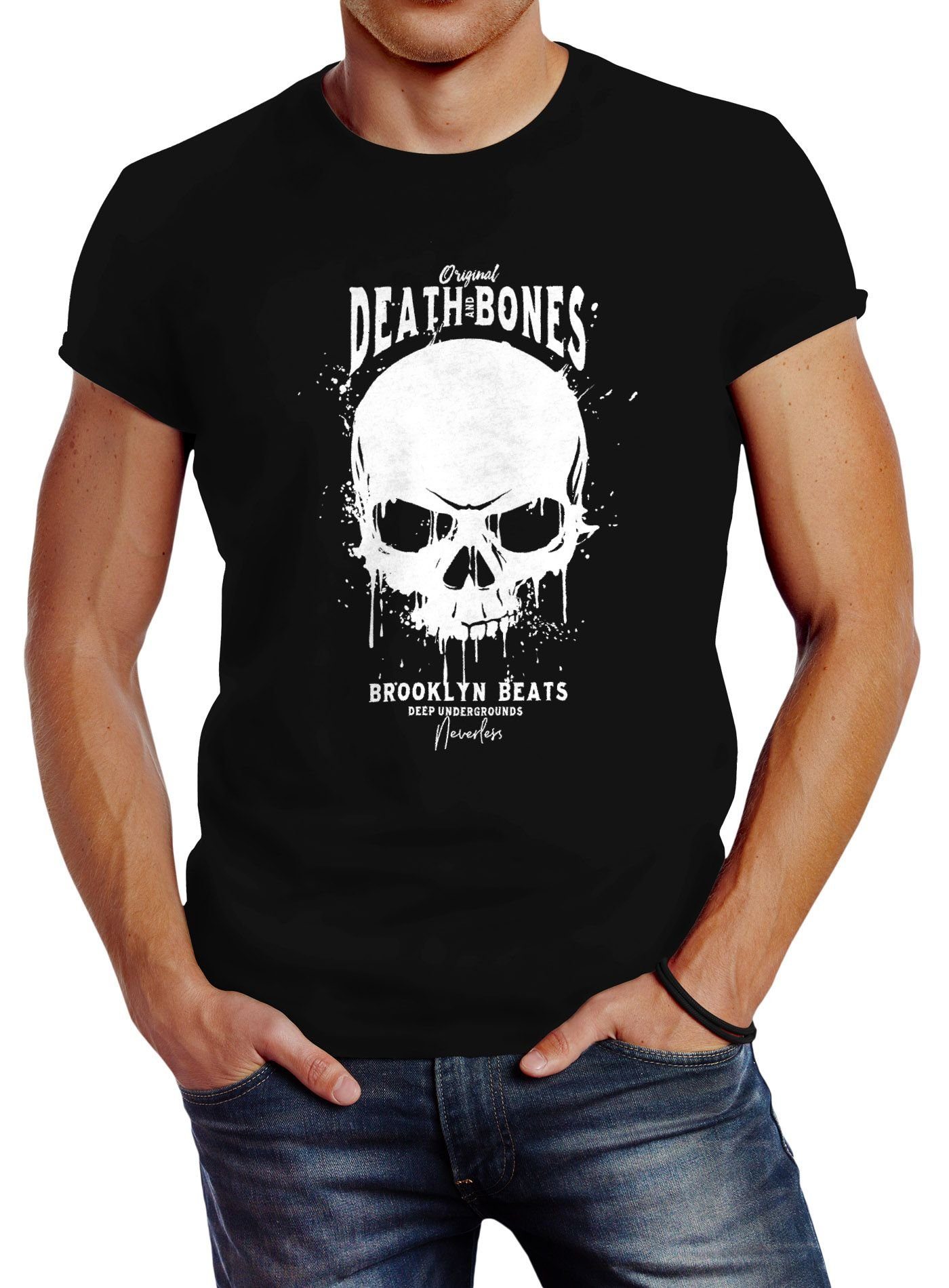 Print-Shirt Fit T-Shirt Slim Bones Death Print Neverless Skull Totenkopf Outfit Neverless® Club schwarz mit Herren and