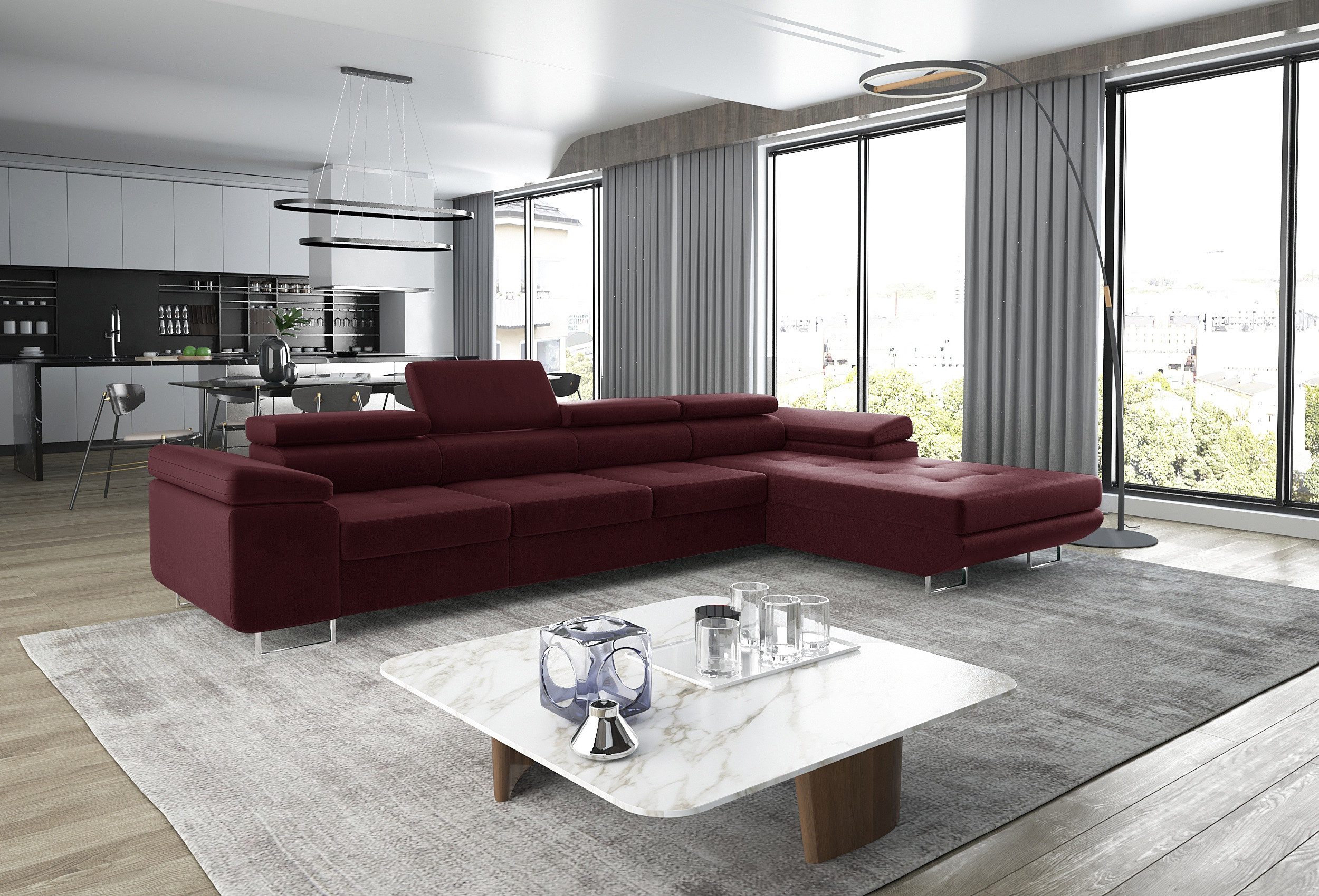 thematys Ecksofa ALVARO MAXI 355 x 204cm mit Schlaffunktion & Bettkasten –, L-Sofa mit 4 verstellbaren Kopfstützen, Samt (Monolotith), oder Cord (Poso) - L-Form, XL-Wohnlandschaft, 355 cm breit