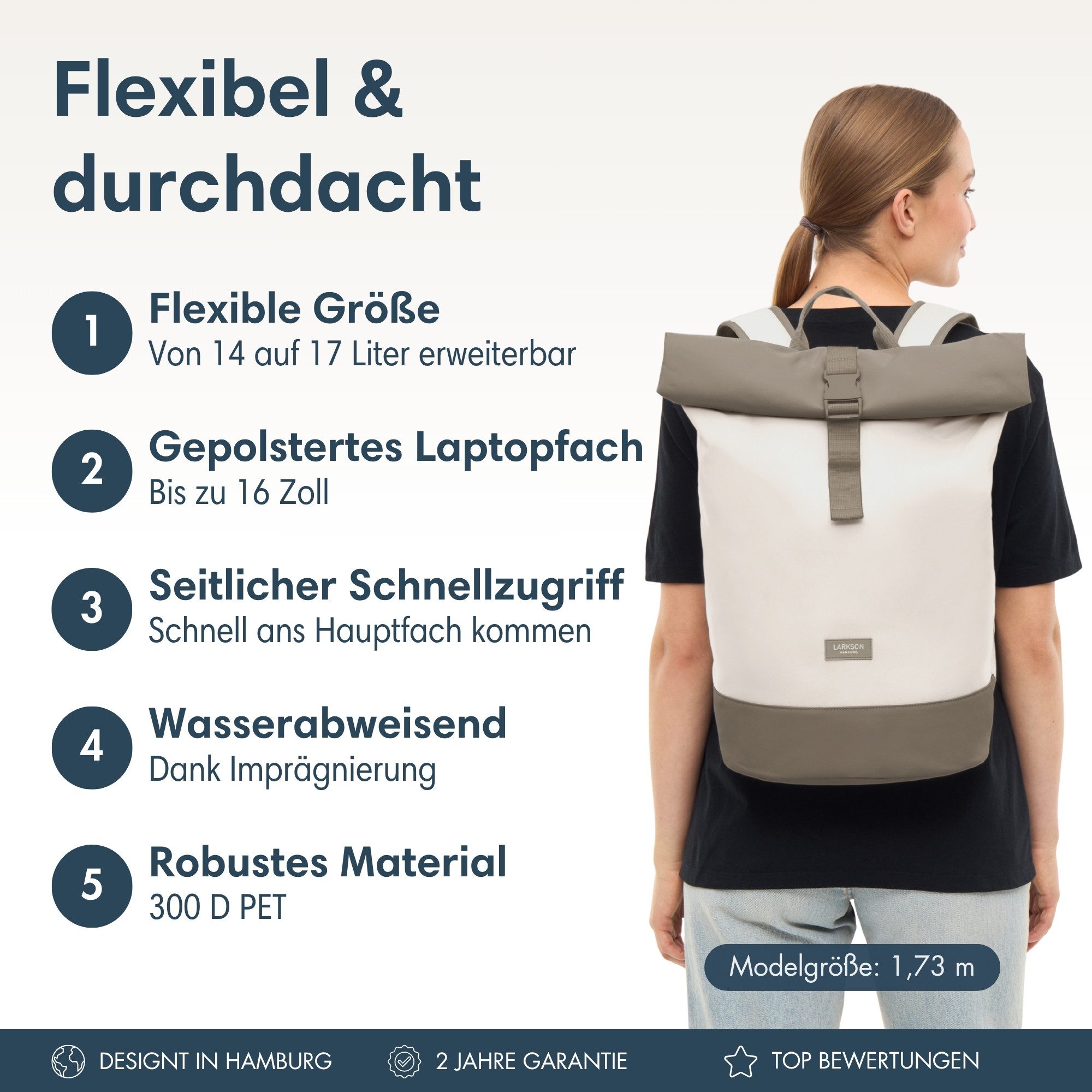 LARKSON Cityrucksack Janne Tagesrucksack 14-17 Liter für Damen & Herren (1-tlg), Flexible Größe, Gepolstertes Laptopfach, Wasserabweisend