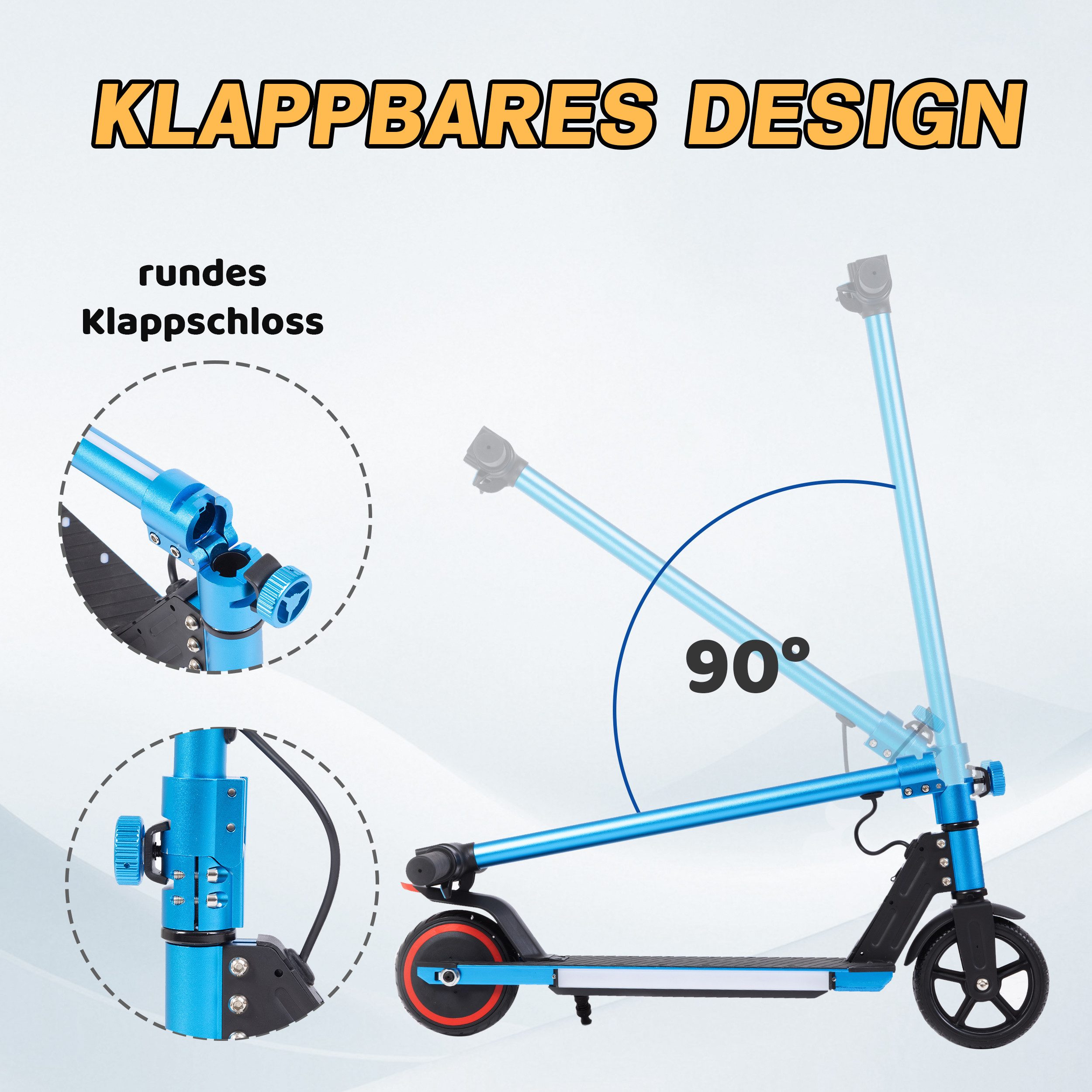 Vankel E-Scooter Kinder ab 6 Jahre, klappbar, 10km, Bunte Leuchten, Jungen und Mädchen, 150 W, 14 km/h, (für Jungen und Mädchen, max. 50kg, Aluminiumrahmen, faltbar), Elektro-Kinderroller, Lenksäulenlicht, mit Haken, EBS + Fußbremse
