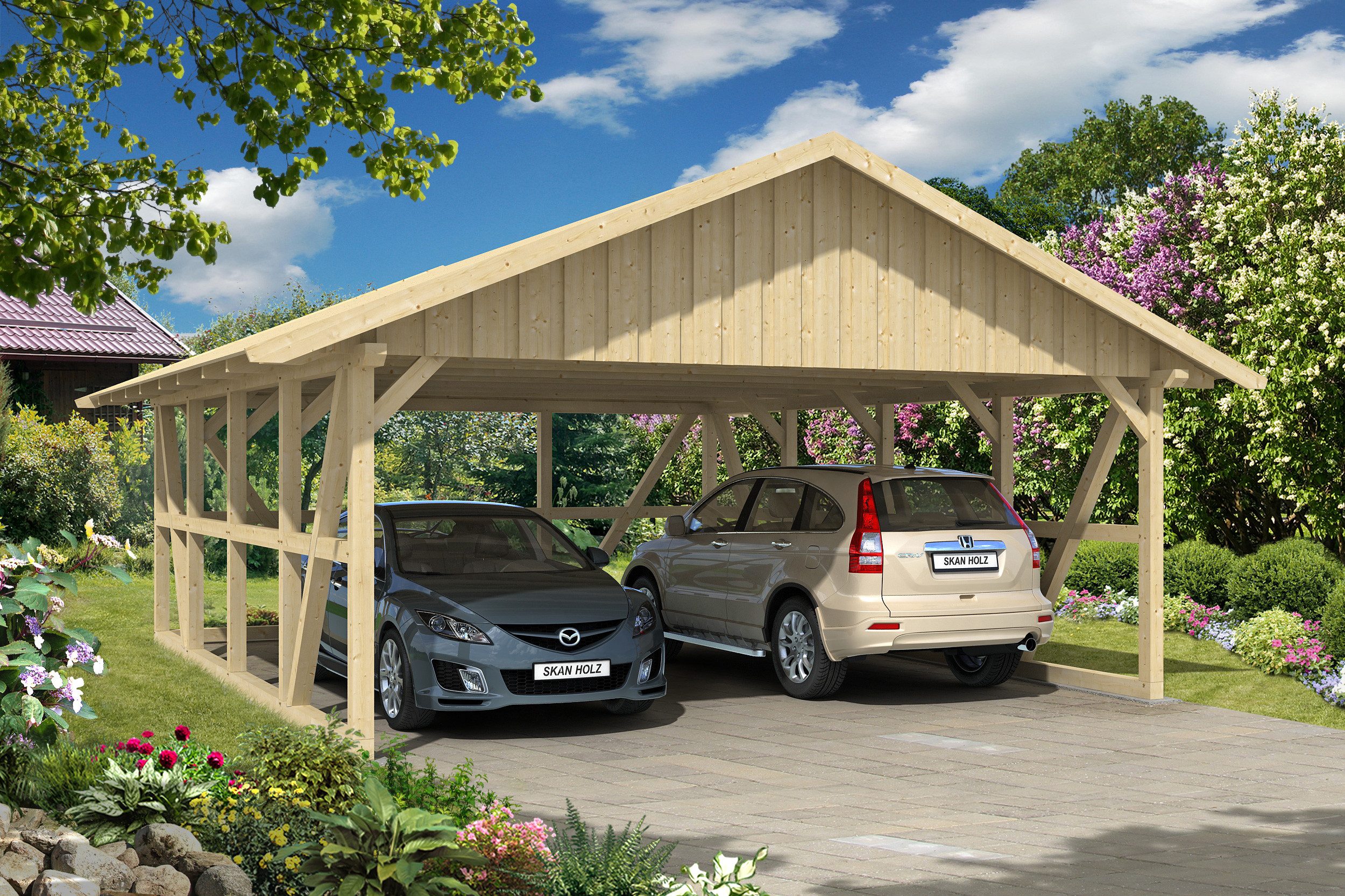 Thumbnail - Skanholz Doppelcarport Schwarzwald, BxT: 684x772 cm, 220 cm Einfahrtshöhe, mit Rückwand, mit Dachschalung