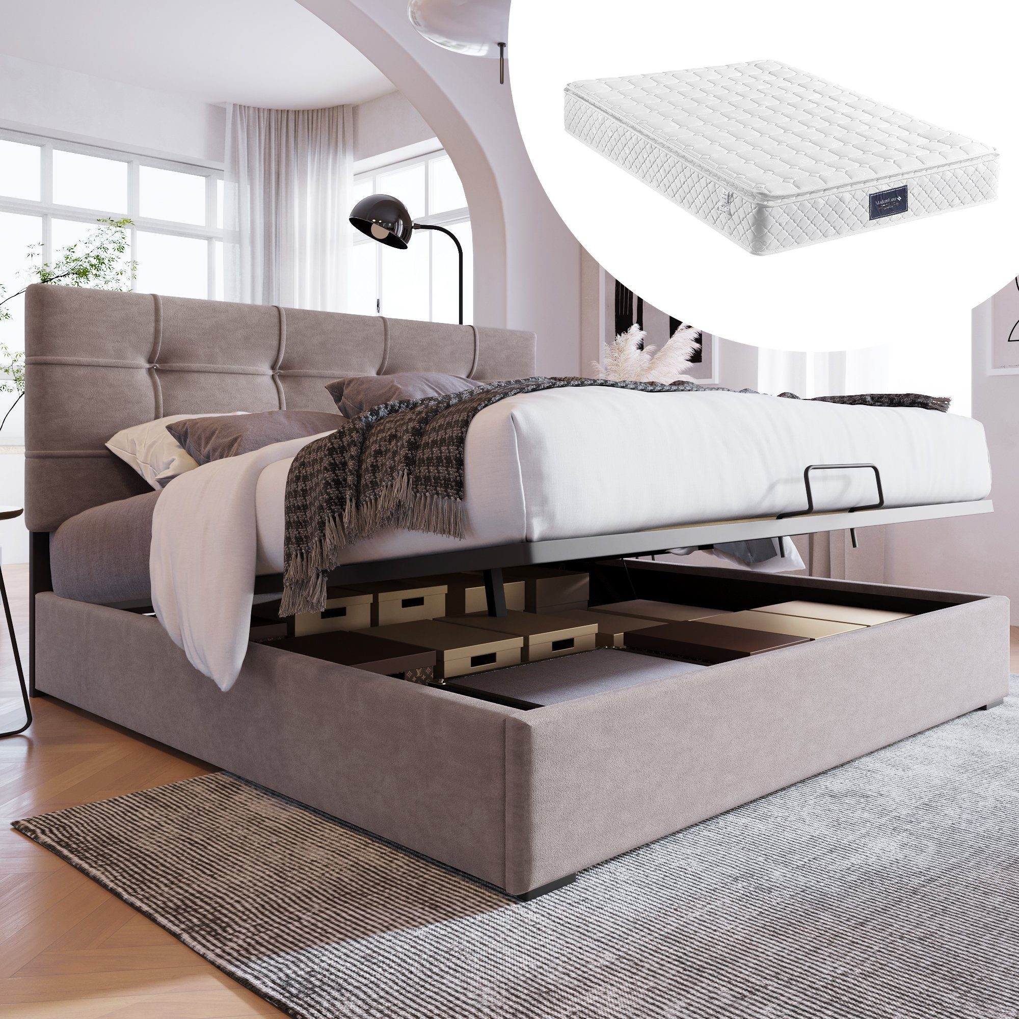 Boxspringbett (Funktionsbett, Doppelbett mit Bettkasten, Lattenrost und verstellbarem Kopfteil), Polsterbett hydraulisches Bett 140x200 cm, Bezug aus Samt
