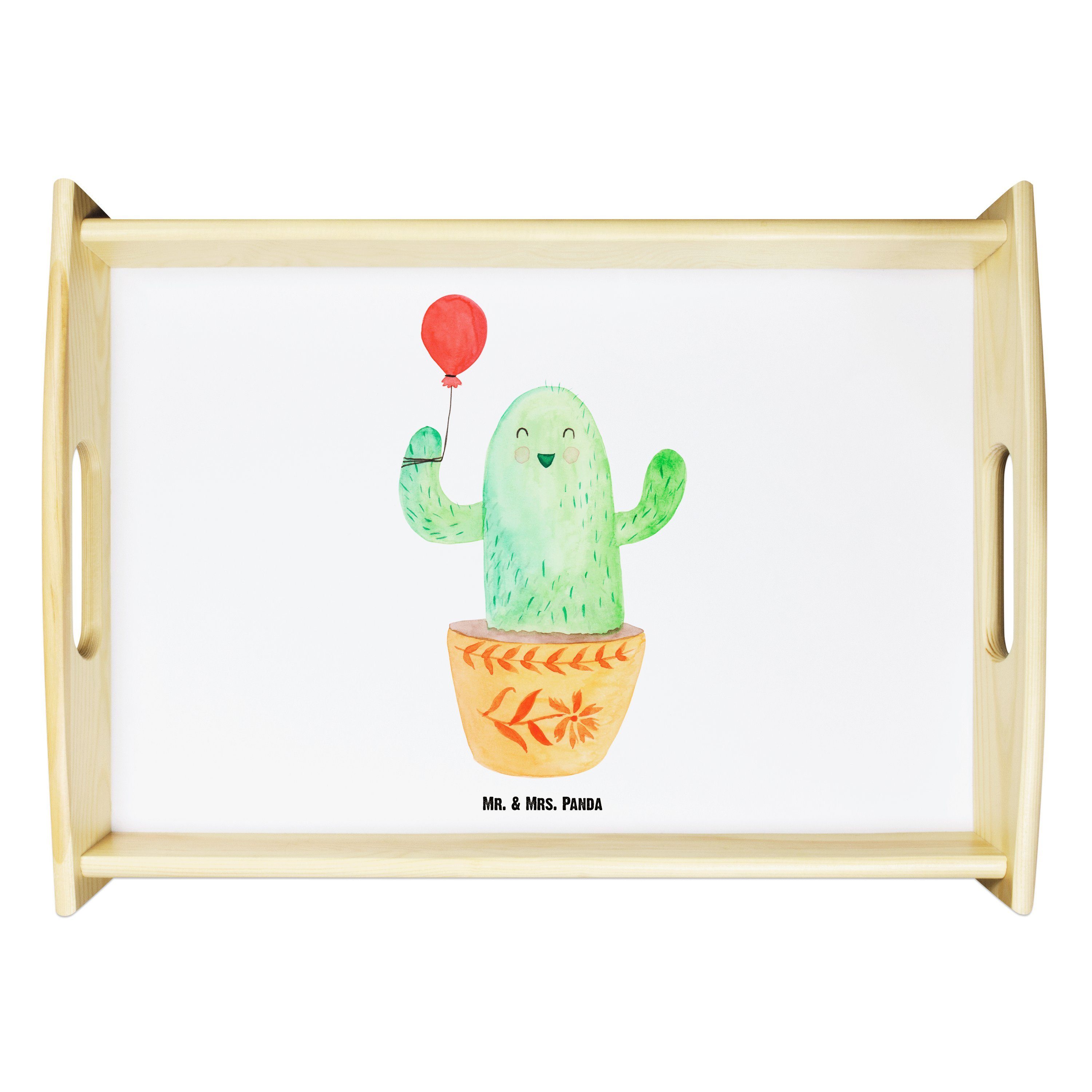 Mr. & Mrs. Panda Tablett Kaktus Luftballon - Weiß - Geschenk, Tablett, Kakteen, Dekotablett, P, Echtholz lasiert, (1-tlg)