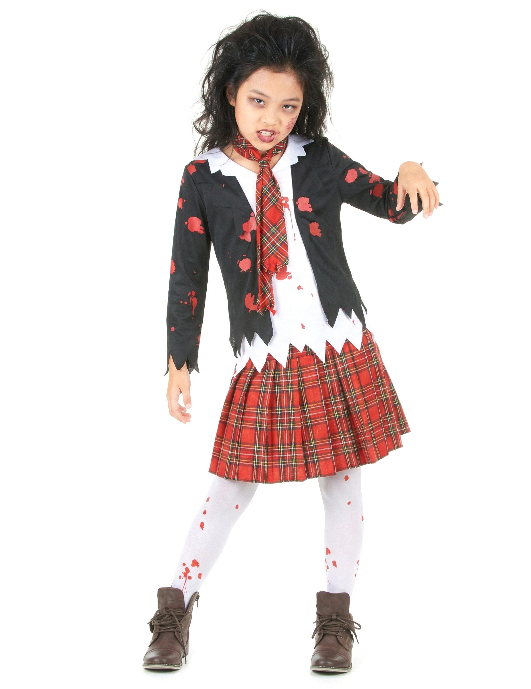 Kostüm Zombie-Schülerin Halloween-Mädchenkostüm schwarz-weiss-rot