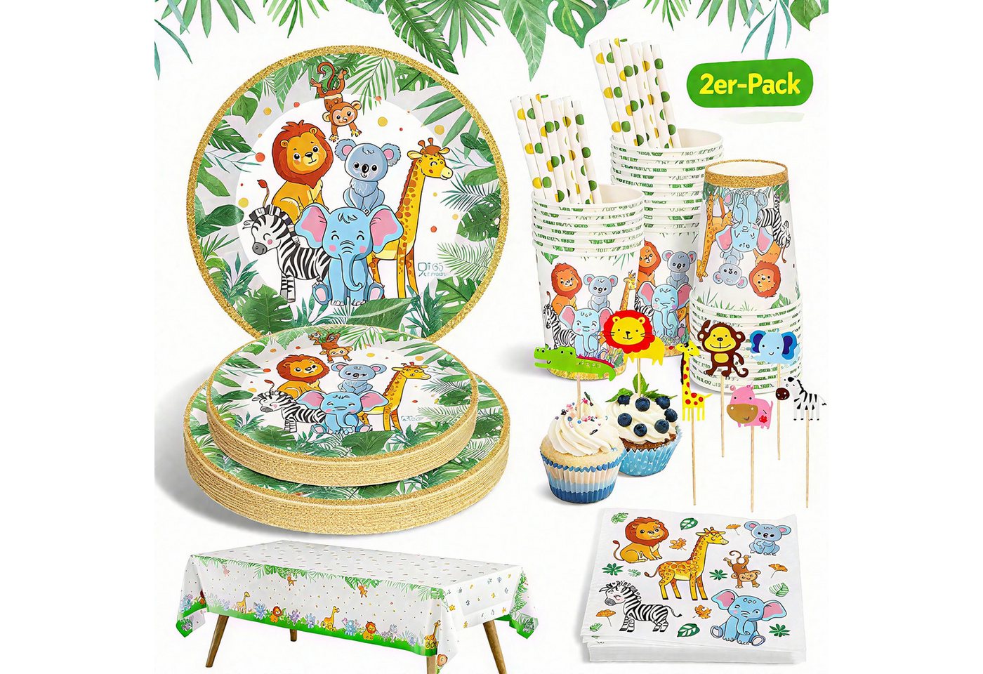 POPOLIC Einweggeschirr-Set 134 Stück Dschungel Safari Partygeschirr Set (2-tlg), 25 Personen, Kindergeburtstag Geburtstag Deko Wild One Partyzubehör Babyparty Set