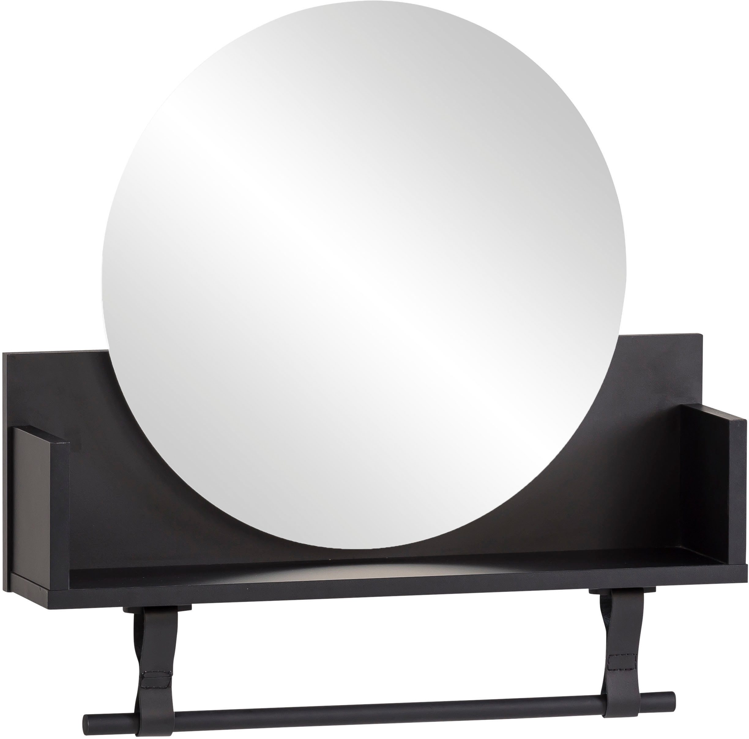 welltime Wandregal Ella, Breite 59 cm, Kleiderstange aus Kunststoff, Schlaufen aus Leder, runde Spiegelfläche