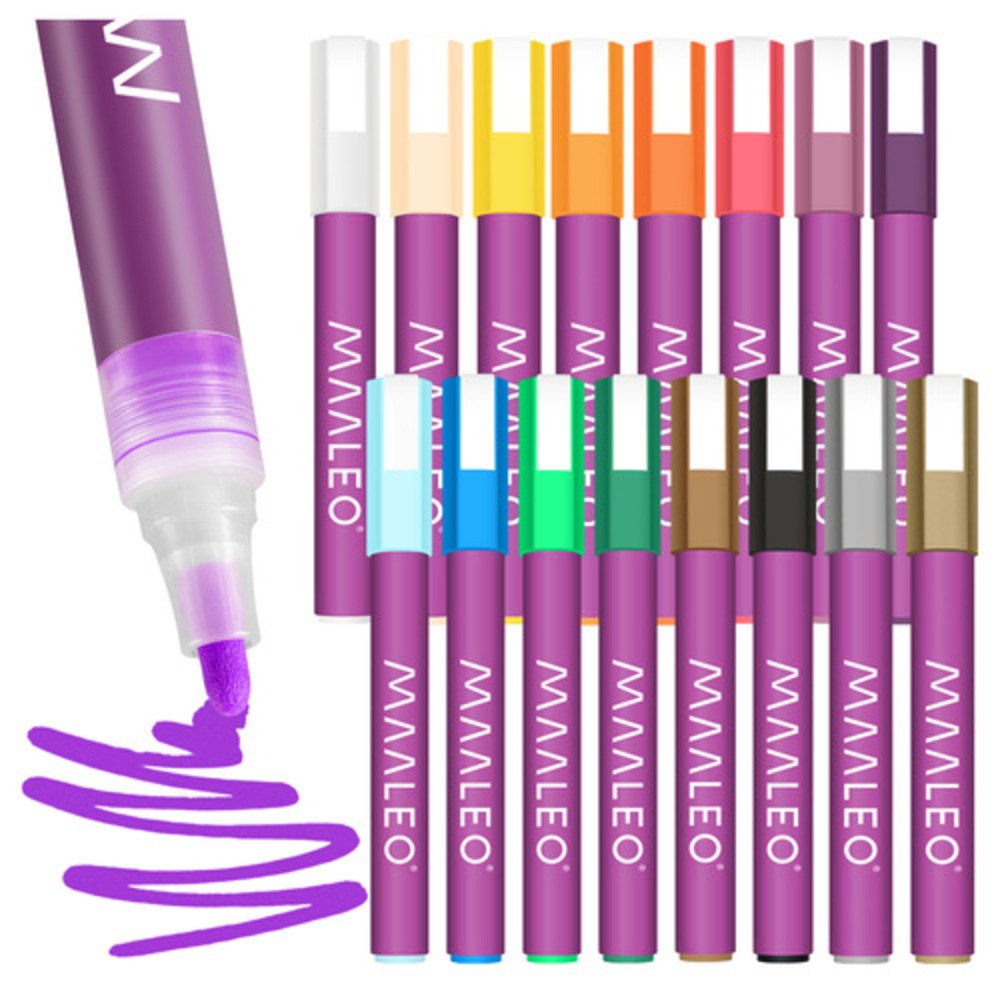MAALEO Malstift Acrylmarker Filzstifte Marker, (Set, 16-tlg., wasserfest), Acrylfarbe sorgt für kräftige Farben und dekorative Ergebnisse