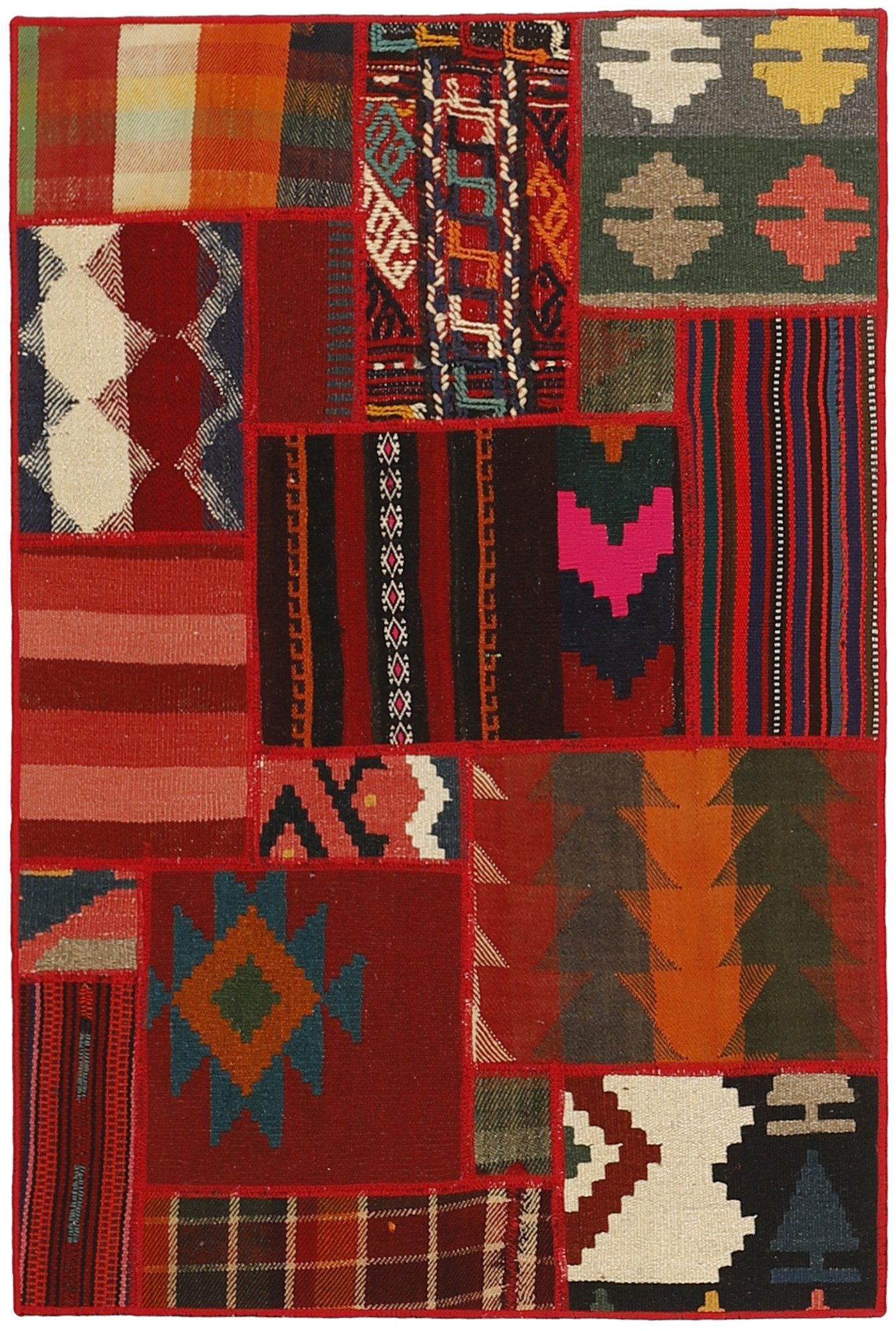 Wohnando Teppich MY-RUG Perserteppich Patchwork Geometrische Muster rot 120x80cm, Rechteckig, Höhe: 10 mm, Handgeknüpfter Teppich,Handgesponnene Wolle, mit Naturfarben gegärbt