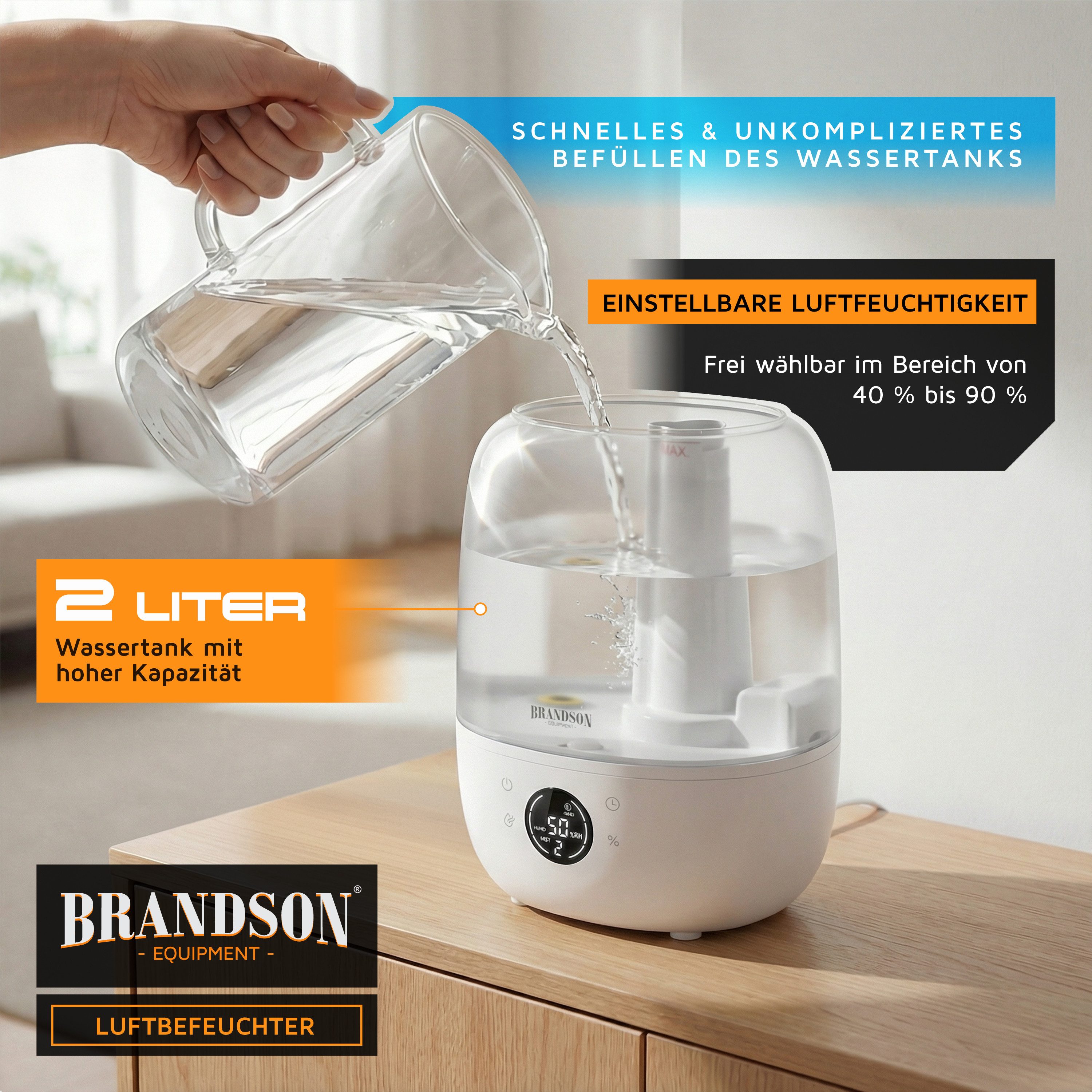 Brandson Luftbefeuchter Digitales Display, 2 L Wassertank, Fernbedienung, 2 l Wassertank, Fernbedienung, 3 Nebelstufen, Timer 1–8 h, leise 35 dBA, Sleep Modus