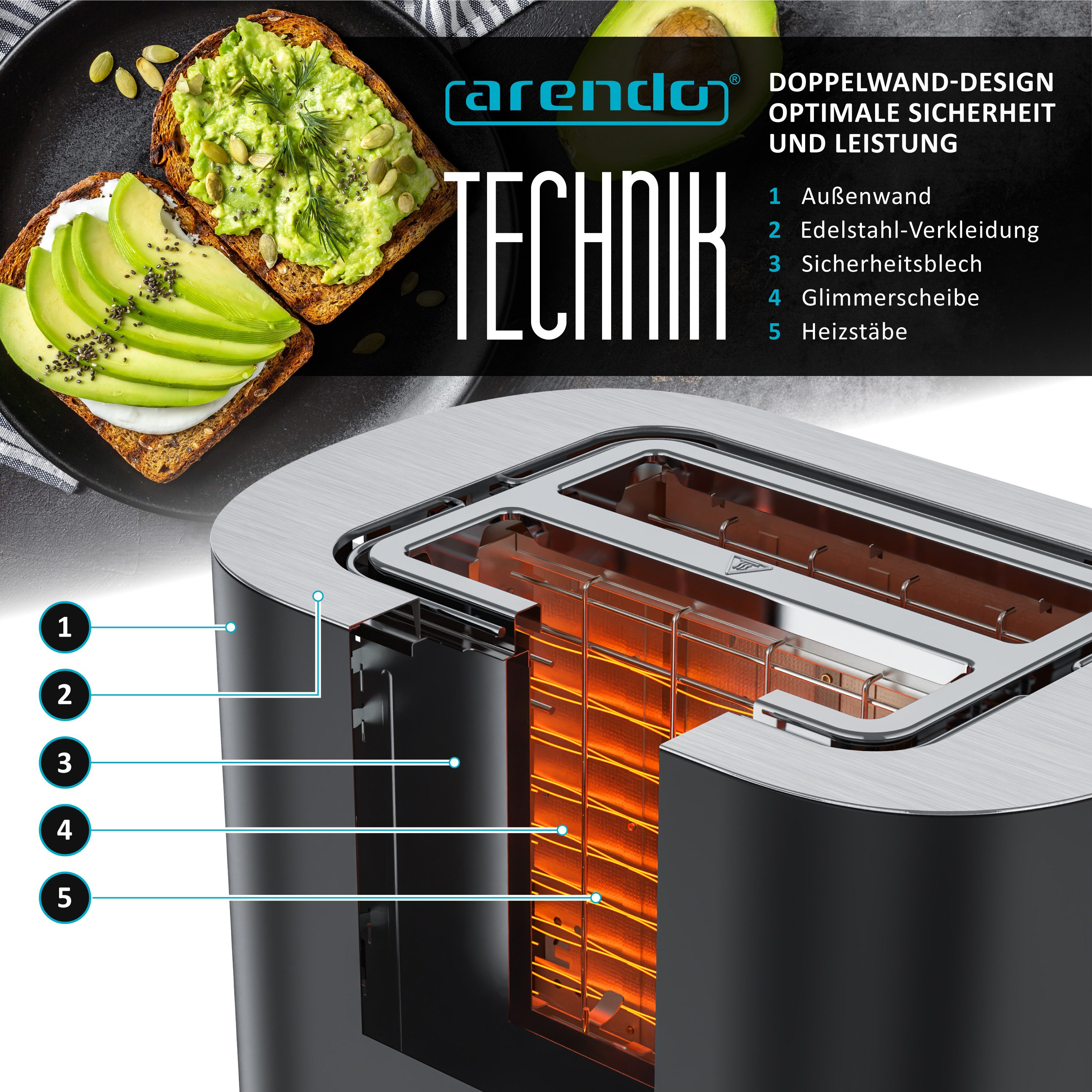 Arendo Toaster 2-Scheiben Kurzschlitz Edelstahl, Touch, Restzeit Bräunungsgradanzeige, 2 Schlitze, für 2 Scheiben, 800 W, Brötchenaufsatz, Wärmeisoliert, Toast- – Bild 5 von 5