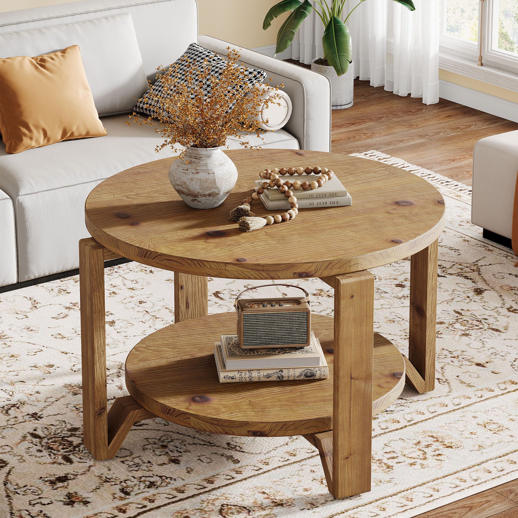 Tribesigns Couchtisch Massivholz Runder Couchtisch, 80 cm Wohnzimmertisch mit Ablageflächen