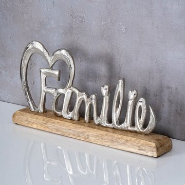 Levandeo® Deko-Schriftzug, Familie Schriftzug Silber L30cm Metall Mango Holz Aufsteller