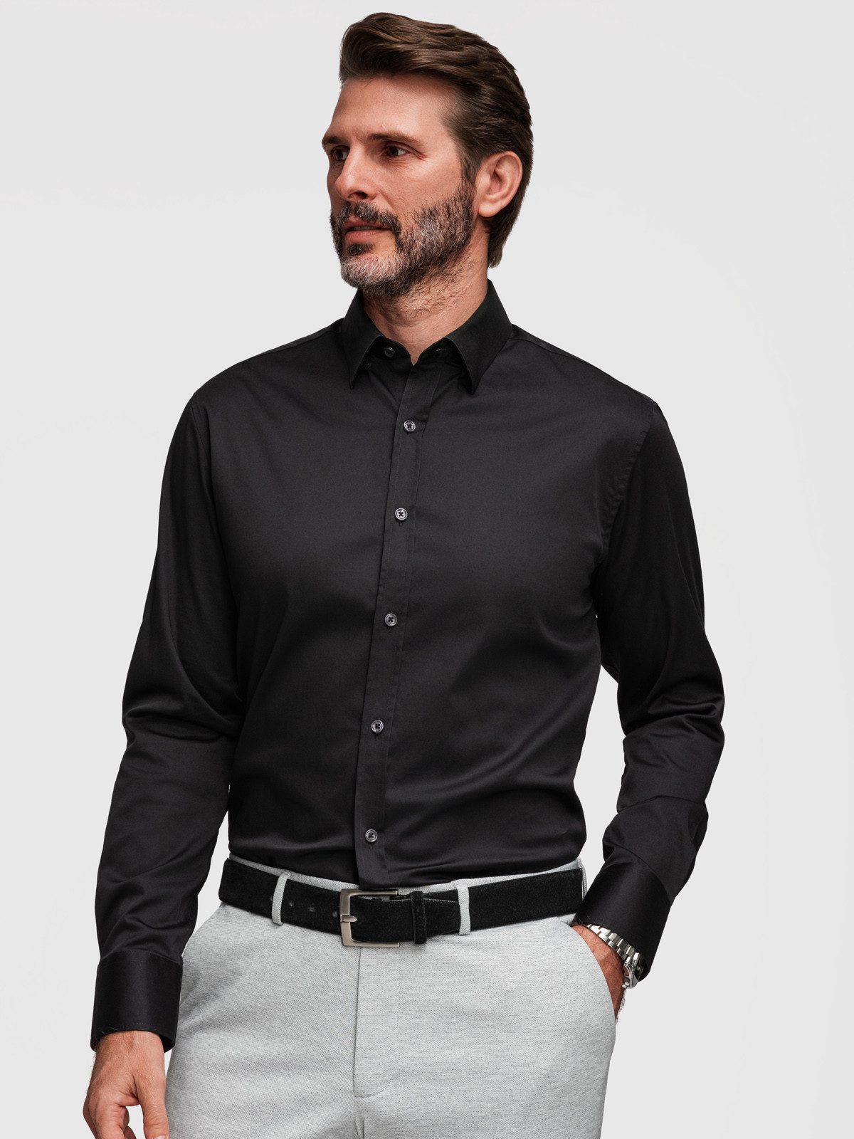 OMBRE Businesshemd Herren Slim-Fit Businesshemd mit Kentkragen Schwarz S (kein Set, 1-tlg) Slim Fit