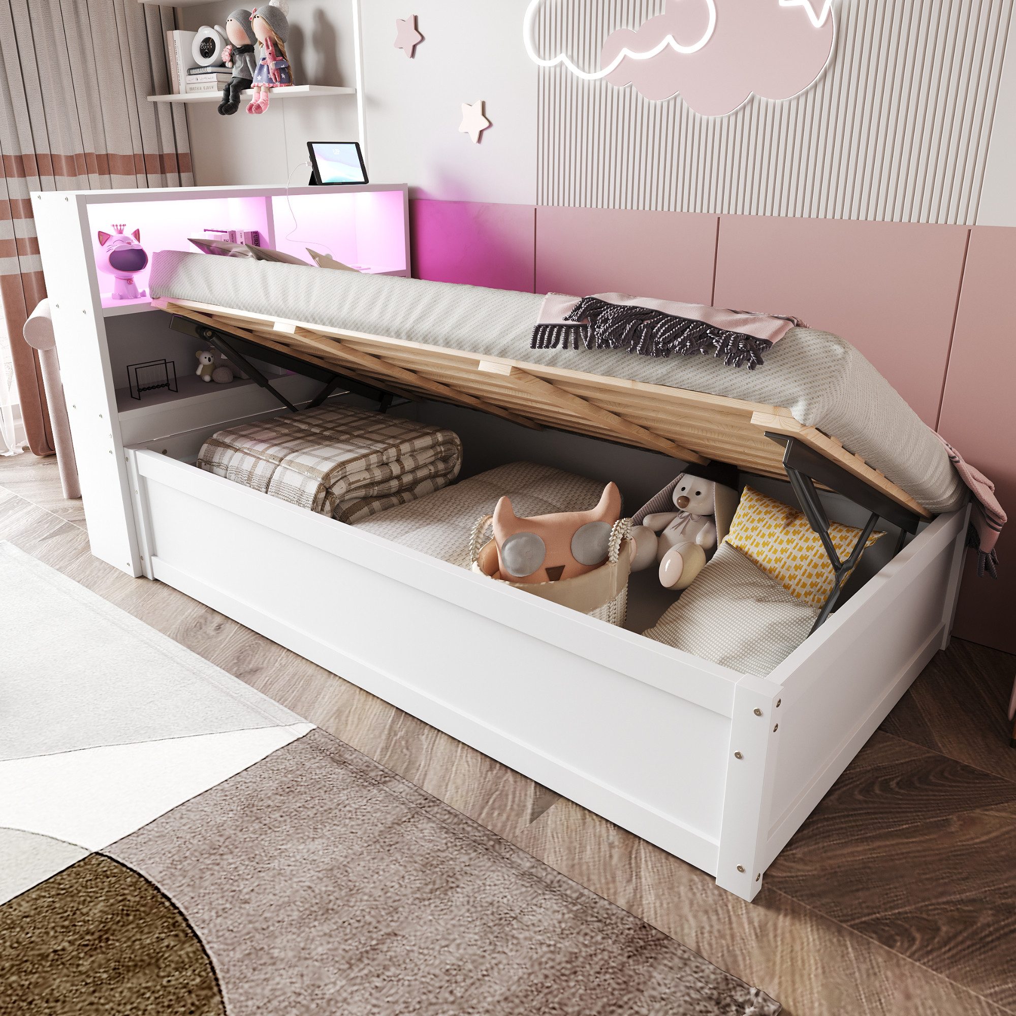 Merax Daybett 90x200cm mit LED-Lichtleiste und USB-Steckdose (1 tlg), Schlafsofa Kinderbett mit hydraulischem Stauraum und Ablagefächern