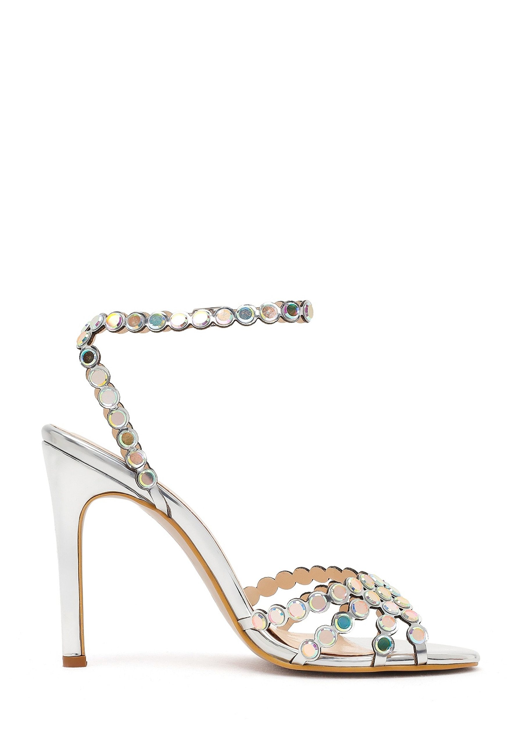 Derimod Sandaletten mit hohem Absatz aus Kunstleder mit Strass-Detail Sandale Kunstleder, Knöchelriemen, Stilettoabsatz, Schimmernde Verzierungen