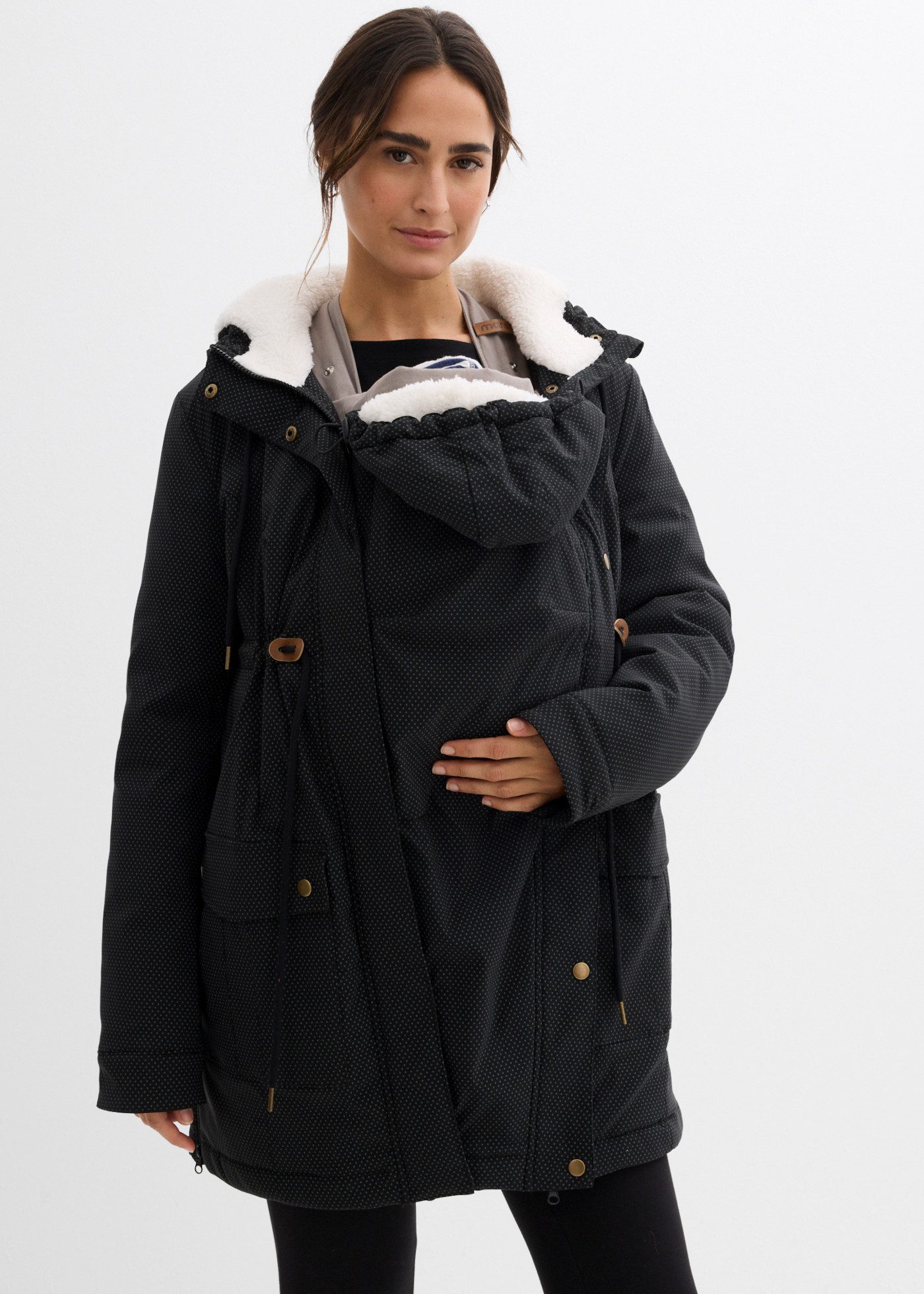 bonprix Umstandsjacke mit abnehmbarem Trageeinsatz mit Kapuze, figurbetonte Passform