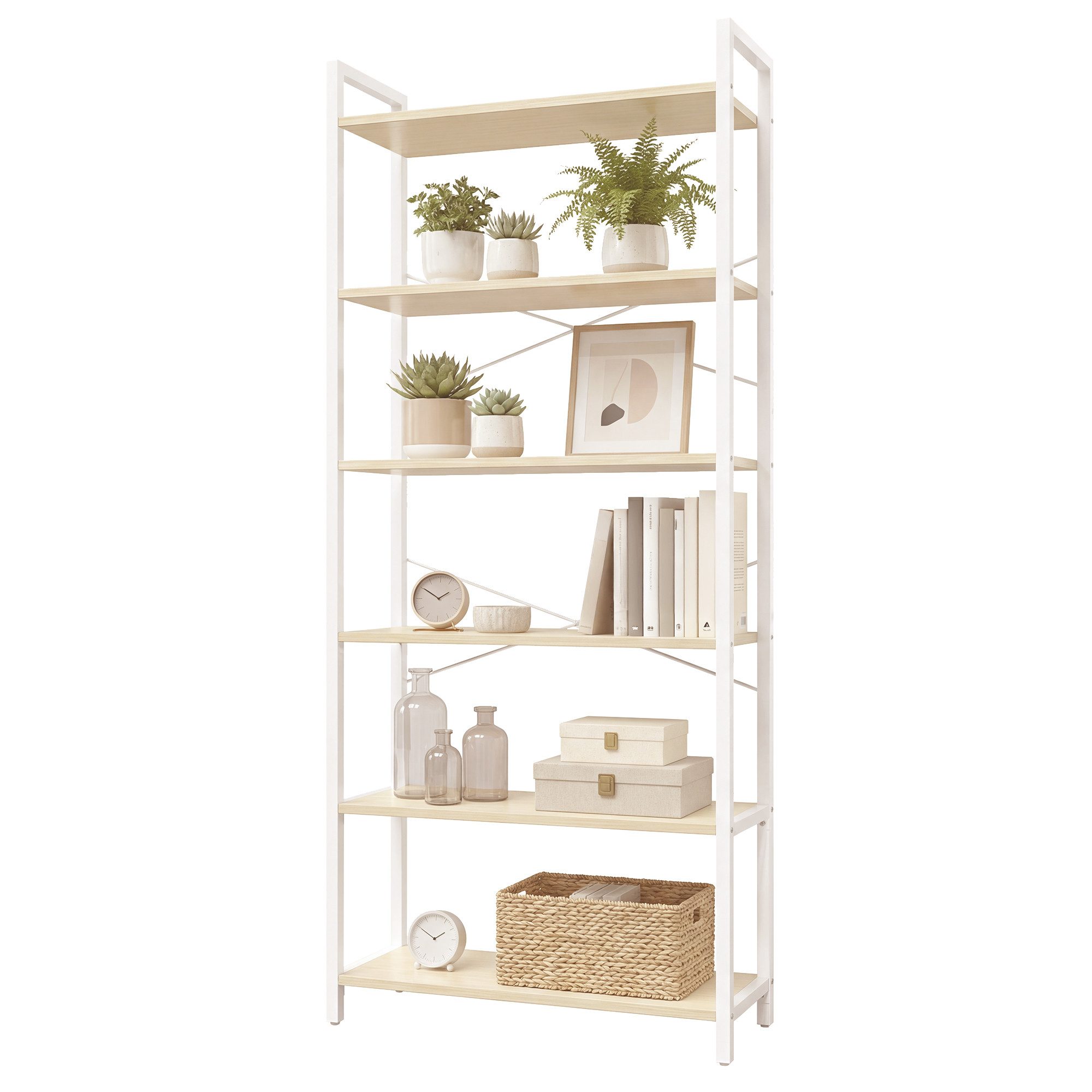 VASAGLE Bücherregal Standregal, DVD-Regal, Büroregal, Büro, Wohnzimmer, Schlafzimmer, Flur, mit 6 Ebenen, offene Ablagen, 64 x 185.5 x 30 cm, beige-weiß