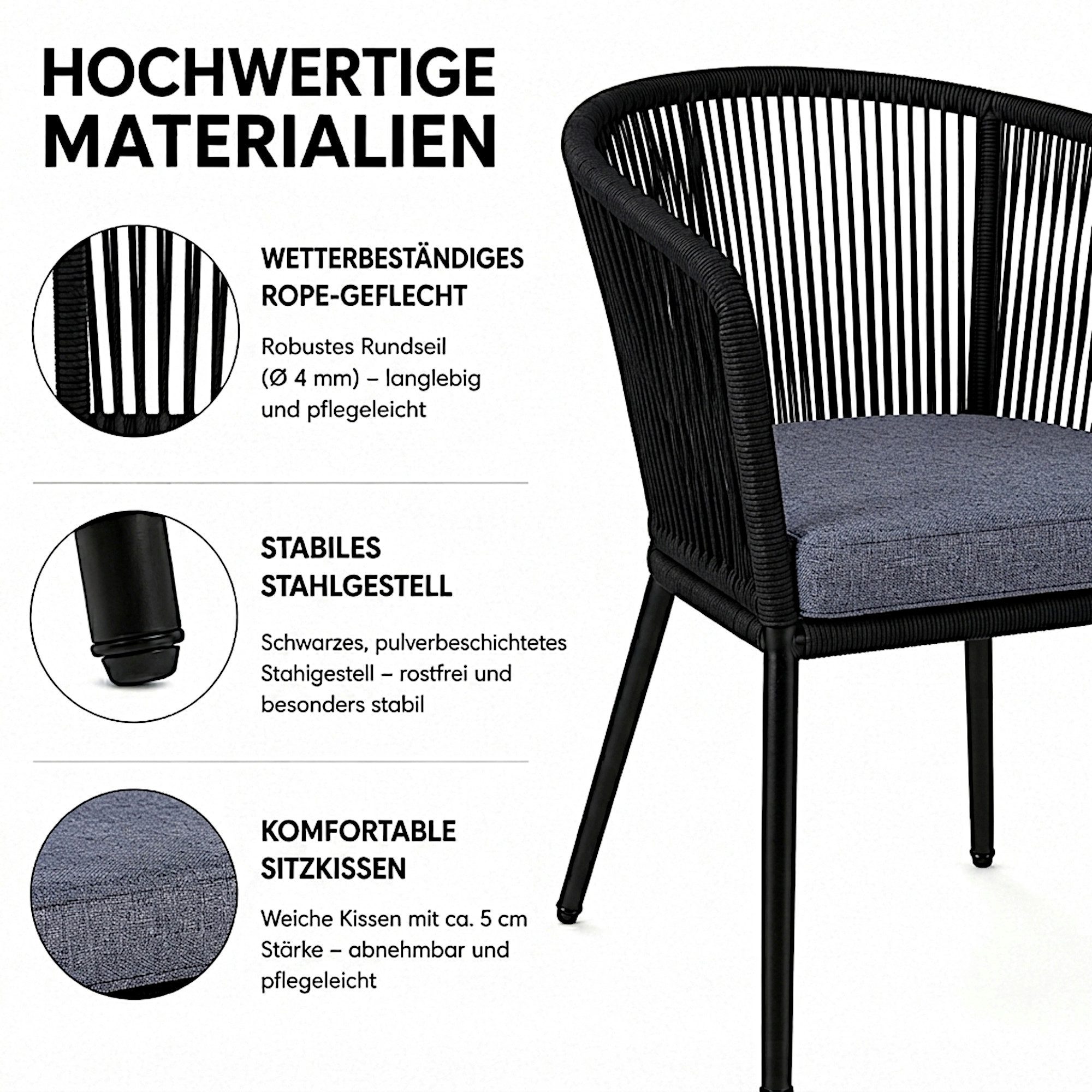 ESTEXO Gartenstuhl Lounge Stuhl 2er Set Gartensessel Rope Loungesessel Outdoor Schwarz – Bild 3 von 5