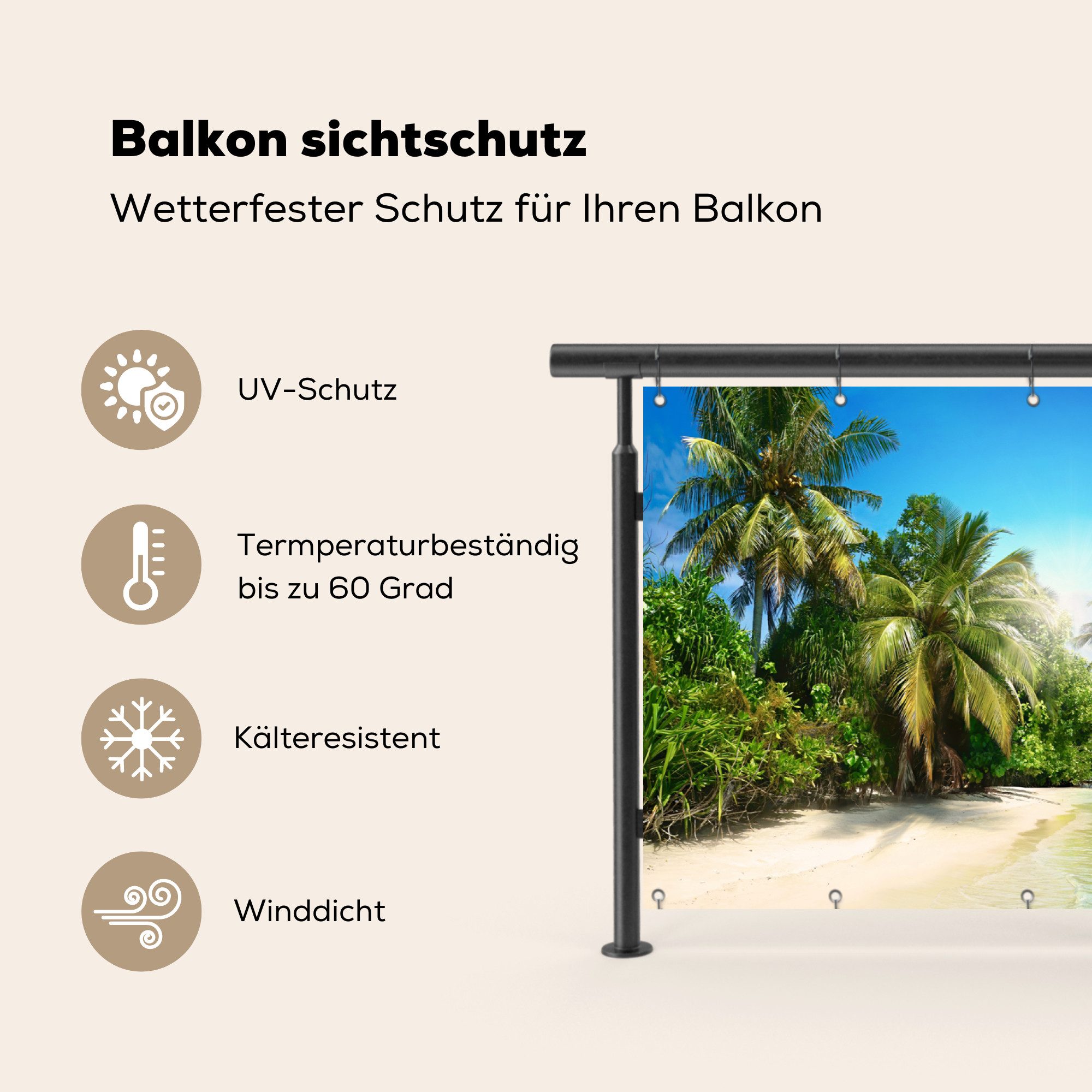 MuchoWow Balkonsichtschutz Meer - Palme - Strand - Tropisch - Blau - Grün (1-St) Balkon Sichtschutz 90x200, Windschutz für Zaun PVC, 200x90 cm