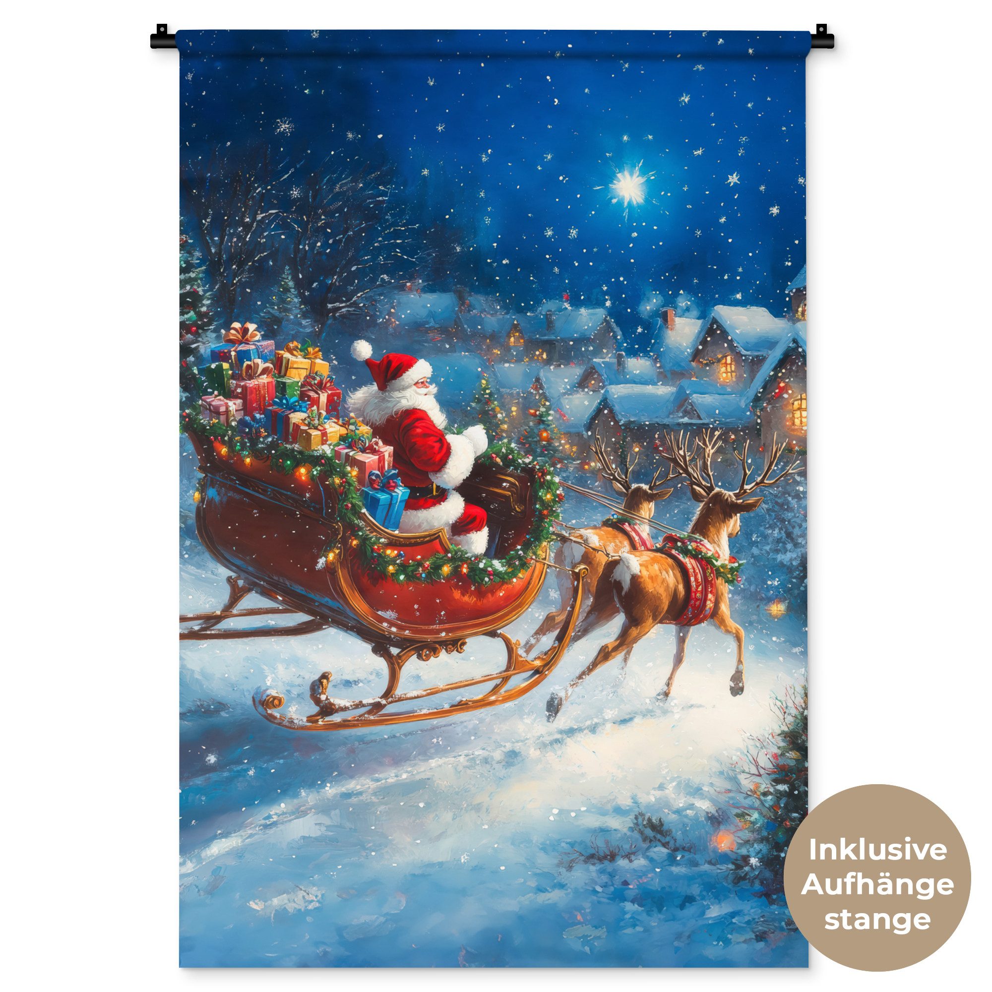 MuchoWow Wandteppich Weihnachtsmann - Rentier - Weihnachten - Schnee, Rechteckig, Höhe: 3 mm, Wandtuch Wohnzimmer, Schlafzimmer, 90x135 cm