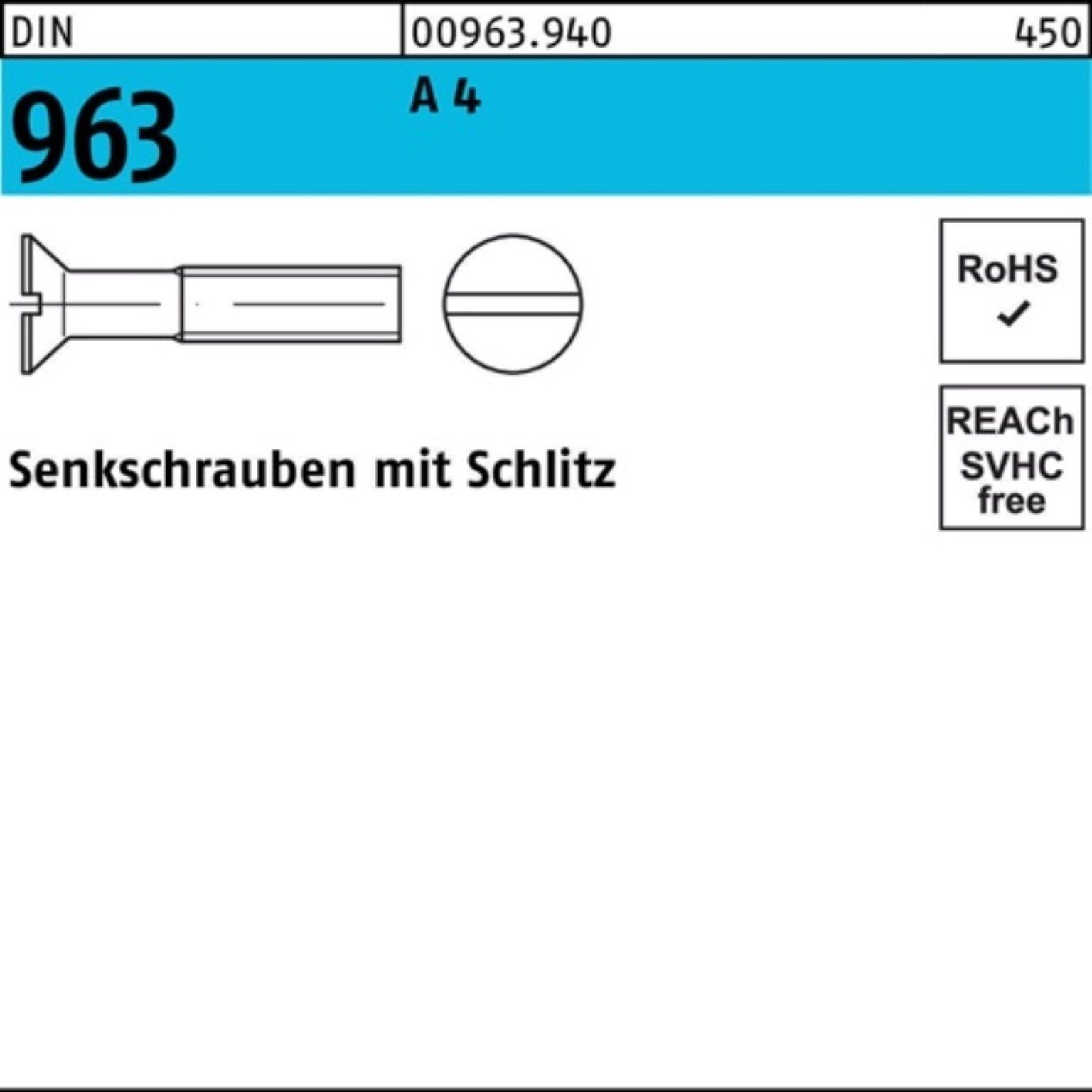 Reyher Senkschraube 100er Pack Senkschraube DIN 963 Schlitz M6x 45 A 4 100 Stück DIN 963
