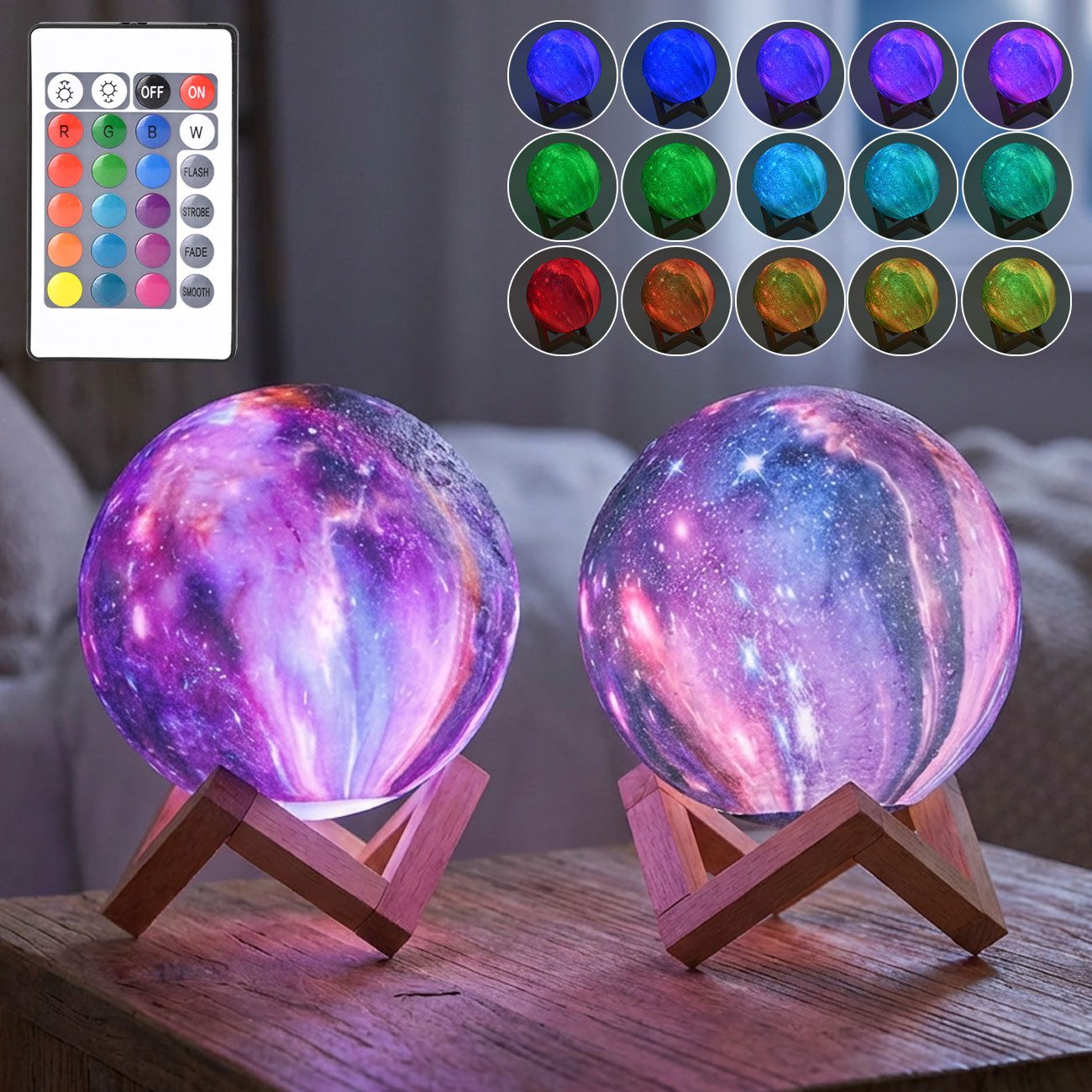Casativo Nachtlicht 3D Galaxy Mond Lampe 15cm: 16 Farben, dimmbar, Fernbedienung & Holzfuß, Akku Nachtlicht & Deko