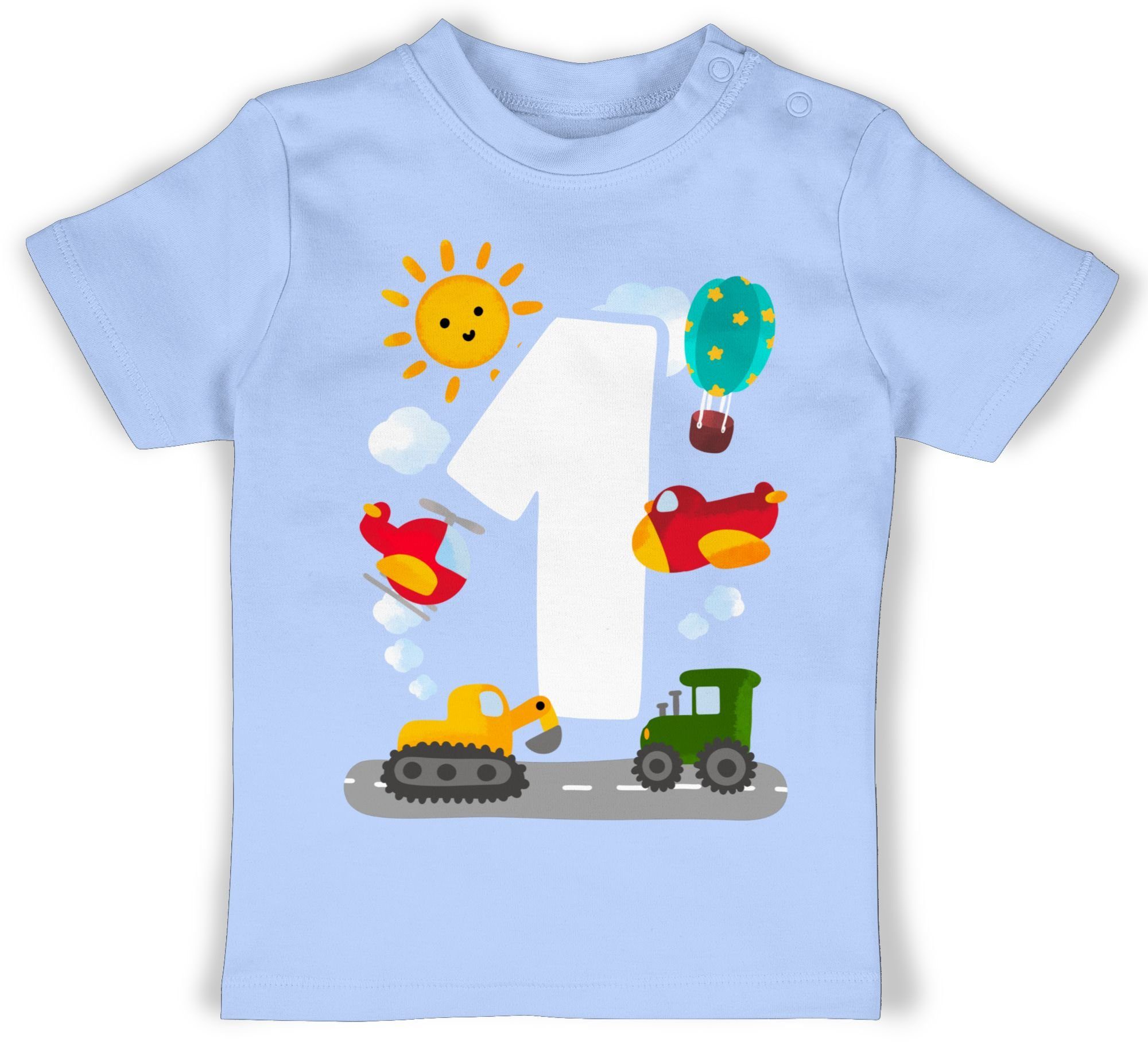 T-Shirt Fahrzeuge 1. Babyblau Shirtracer Geburtstag - Aquarell Eins 3