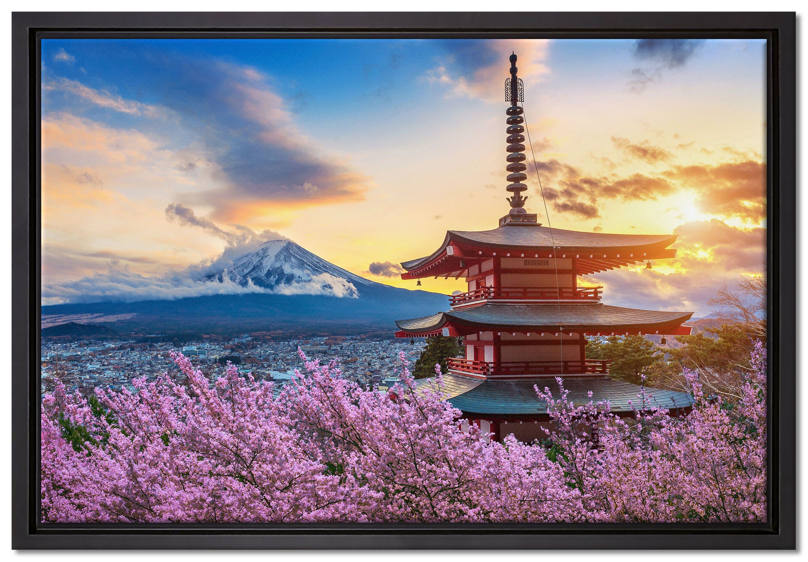 Pixxprint Leinwandbild Japanischer Tempel zwischen Kirschblüten, Wanddekoration (1 St), Leinwandbild fertig bespannt, in einem Schattenfugen-Bilderrahmen gefasst, inkl. Zackenaufhänger