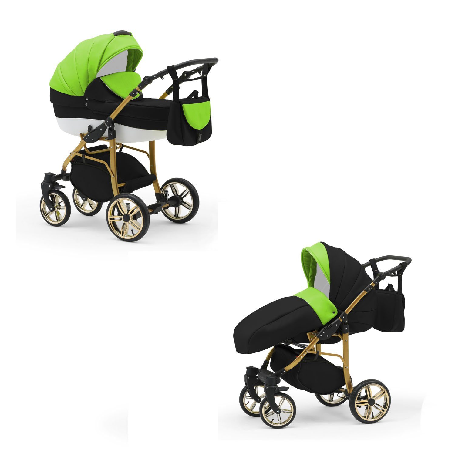 babies-on-wheels Kombi-Kinderwagen 2 in 1 13 - Teile - ECO Gold Cosmo in Schwarz-Grün-Weiß 46 Kinderwagen-Set Farben