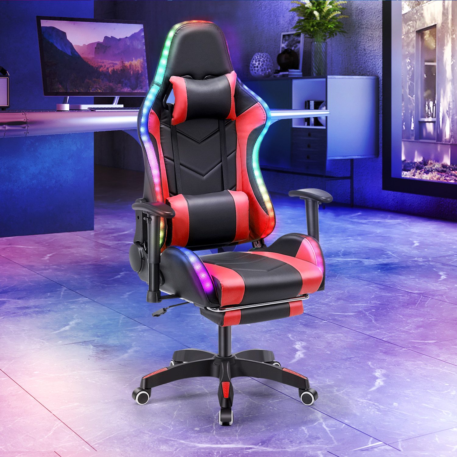 LETGOSPT Gaming Chair Ergonomischer Gaming-Stuhl PC Stuhl Drehstuhl, Höhenverstellbar 140cm, mit Verbindung Armlehnen, Verstellbarer Lordosenstütze und Kopfstütze