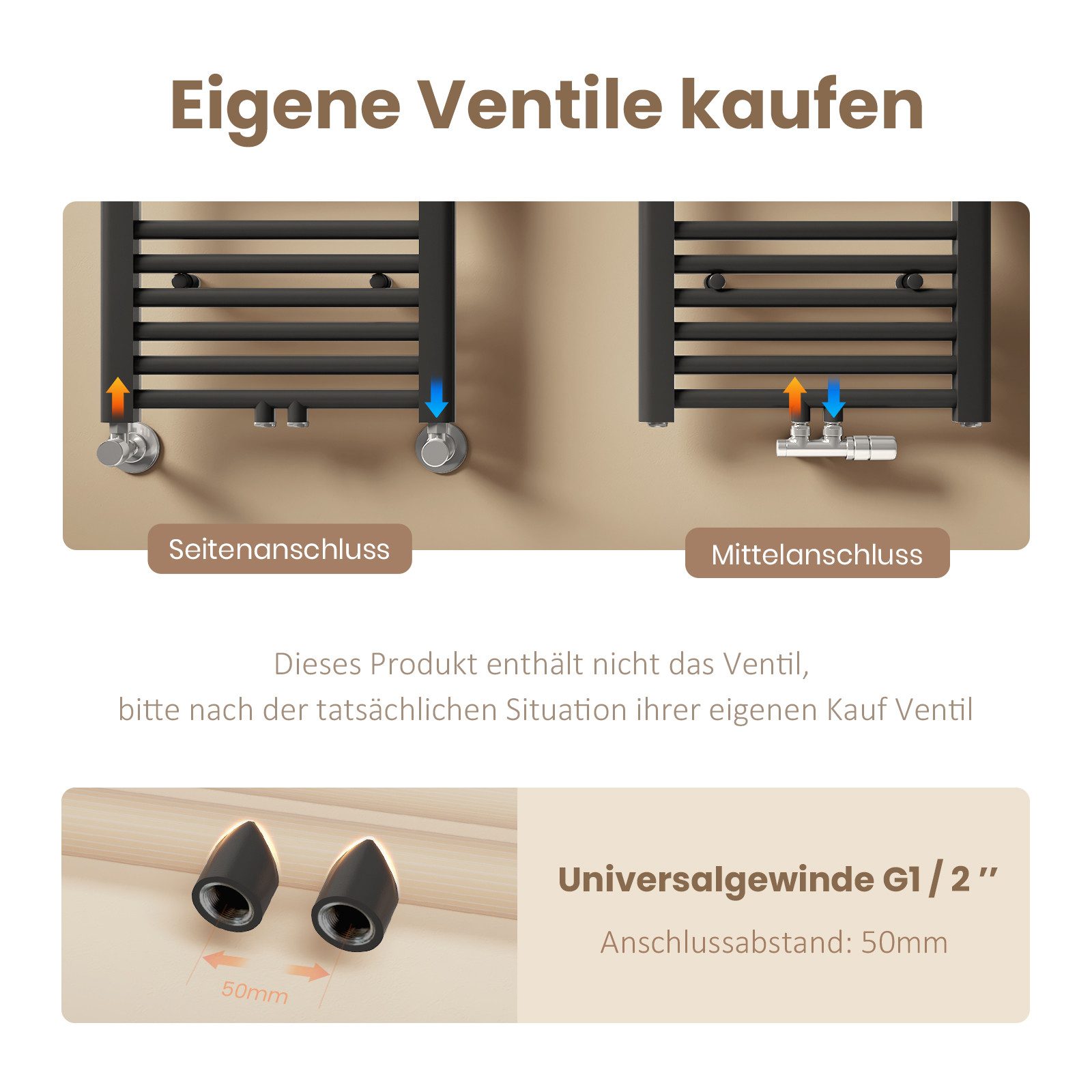 EMKE Badheizkörper Handtuchtrockner Handtuchwärmer Badheizkörper Anthrazit, Seiten- & Mittelanschluss Wandheizkörper – Bild 5 von 5