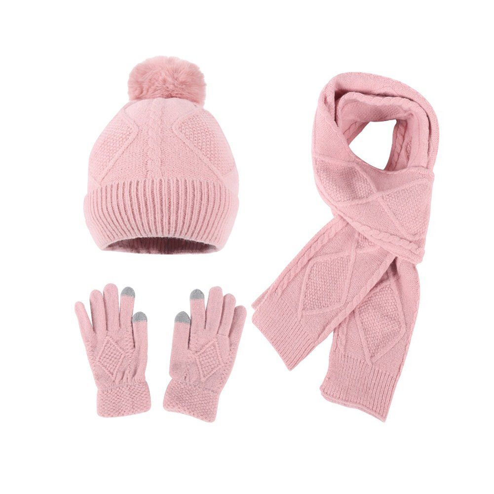 LYDMN Strickhandschuhe Handschuh, Schal und Mütze 3-teiliges Set,Winterliche Wärme Wintermütze Thermohandschuhe Schal Rosa