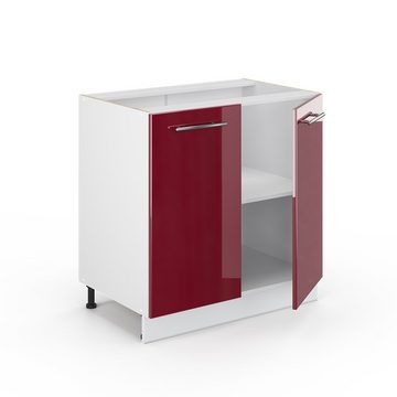 Livinity® Spülenunterschrank Fame-Line, Bordeaux Hochglanz/Weiß, 80 cm mit Regal, AP Eiche