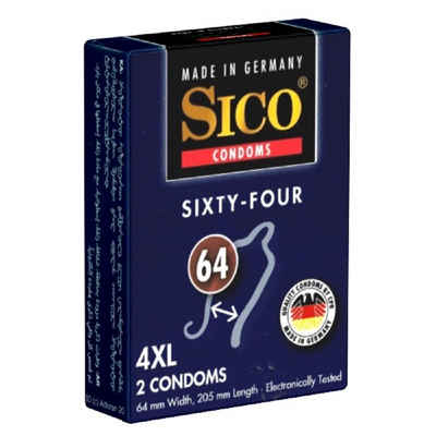 SICO XXL-Kondome Size «Sixty-Four» Розмір XXXXL (64mm) Packung mit, 2 St., extra große Latexkondome, Презервативи nach Maß