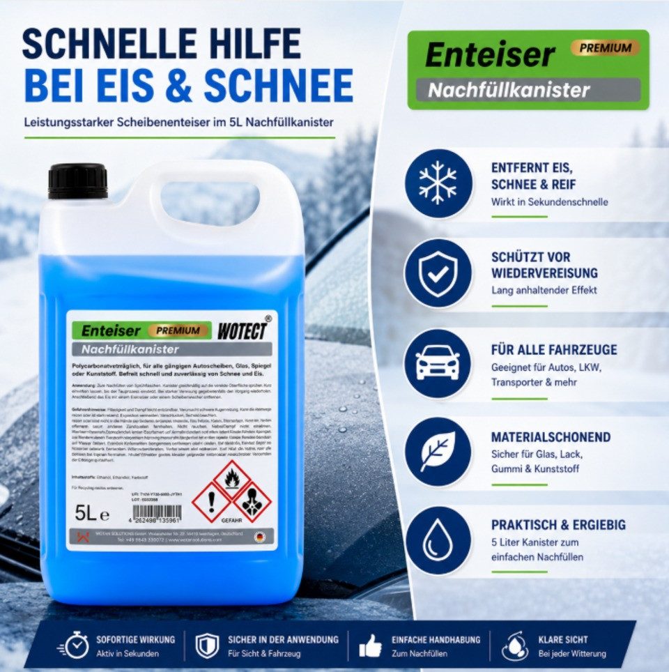 Wotect Enteiser-Spray 5 L Scheibenenteiser Enteiserspray Auto Scheiben Enteiser Frostschutz, bis -40 °C, 5 l, Vorratspack, Nachfüllkanister, gebrauchsfertig – Bild 5 von 5