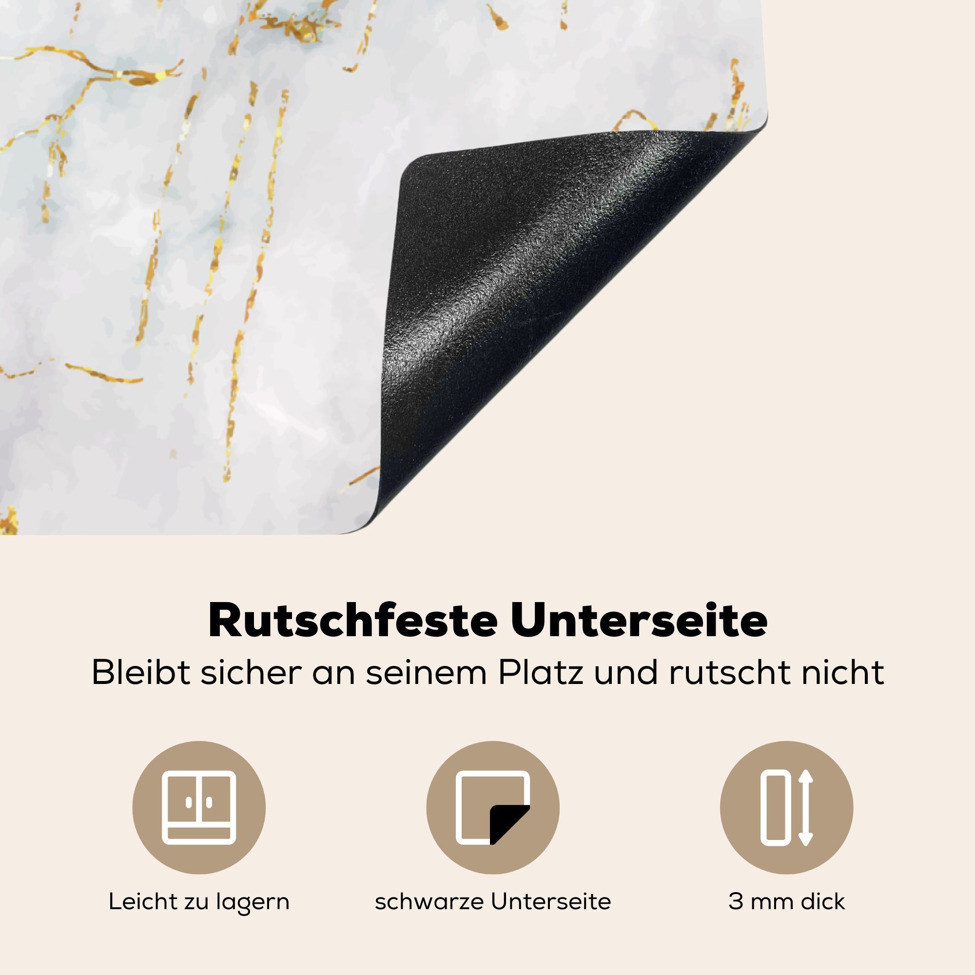 Gold tlg), MuchoWow 78x78 für Weiß, - küche cm, Arbeitsplatte Ceranfeldabdeckung, (1 Marmor - Vinyl, Herdblende-/Abdeckplatte