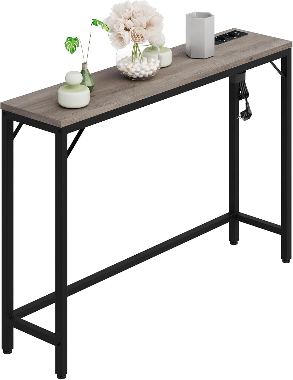 GarveeMore Konsolentisch mit Steckdose und USB-Anschluss,100x23x80cm, Ladestation Beistelltisch für Eingang Flur Wohnzimmer,Metallgestell