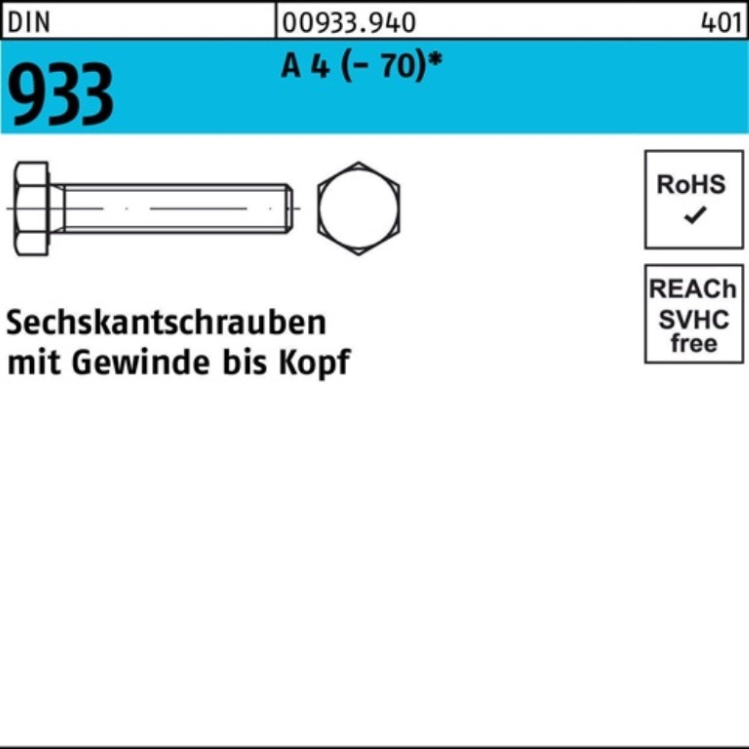 Reyher Sechskantschraube 100er Pack VG Stück 130 Sechskantschraube (70) DIN 933 D 1 M18x A 4