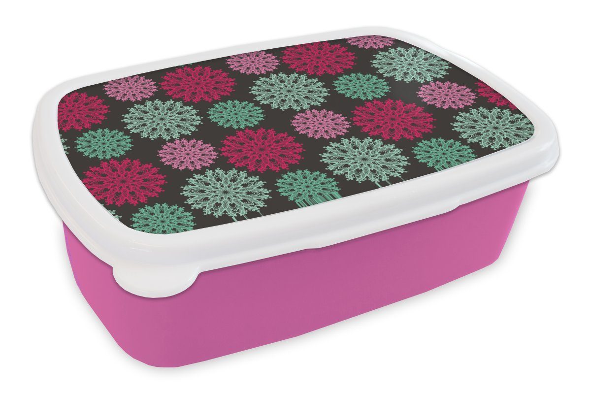 MuchoWow Lunchbox Blumen - Vintage - Rosa - Türkis - Muster, Kunststoff, (2-tlg), Brotbox für Erwachsene, Brotdose Kinder, Snackbox, Mädchen, Kunststoff
