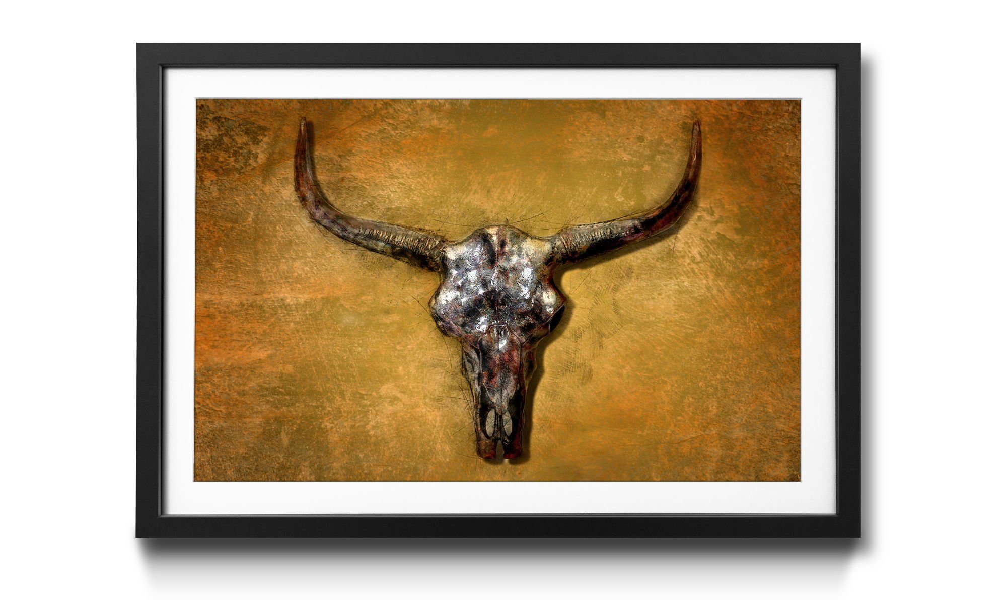 WandbilderXXL Bild mit Rahmen Texas Größen erhältlich Wandbild, in Buffalo, 4 Tierschädel