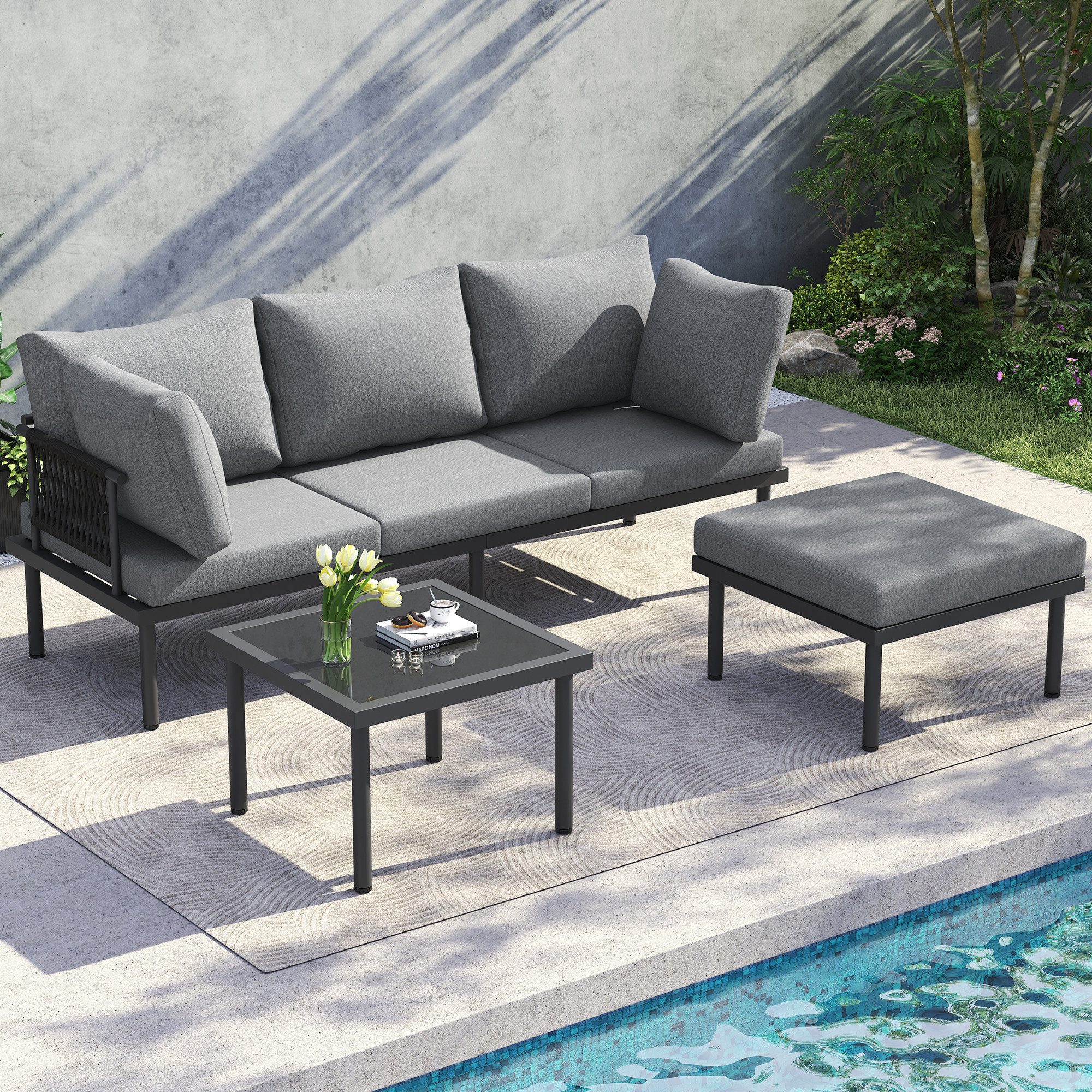 Flieks Gartenlounge-Set, 4-Sitzer Outdoor Gartenmöbel Eckgarnitur Sofa & Couchtisch & Hocker