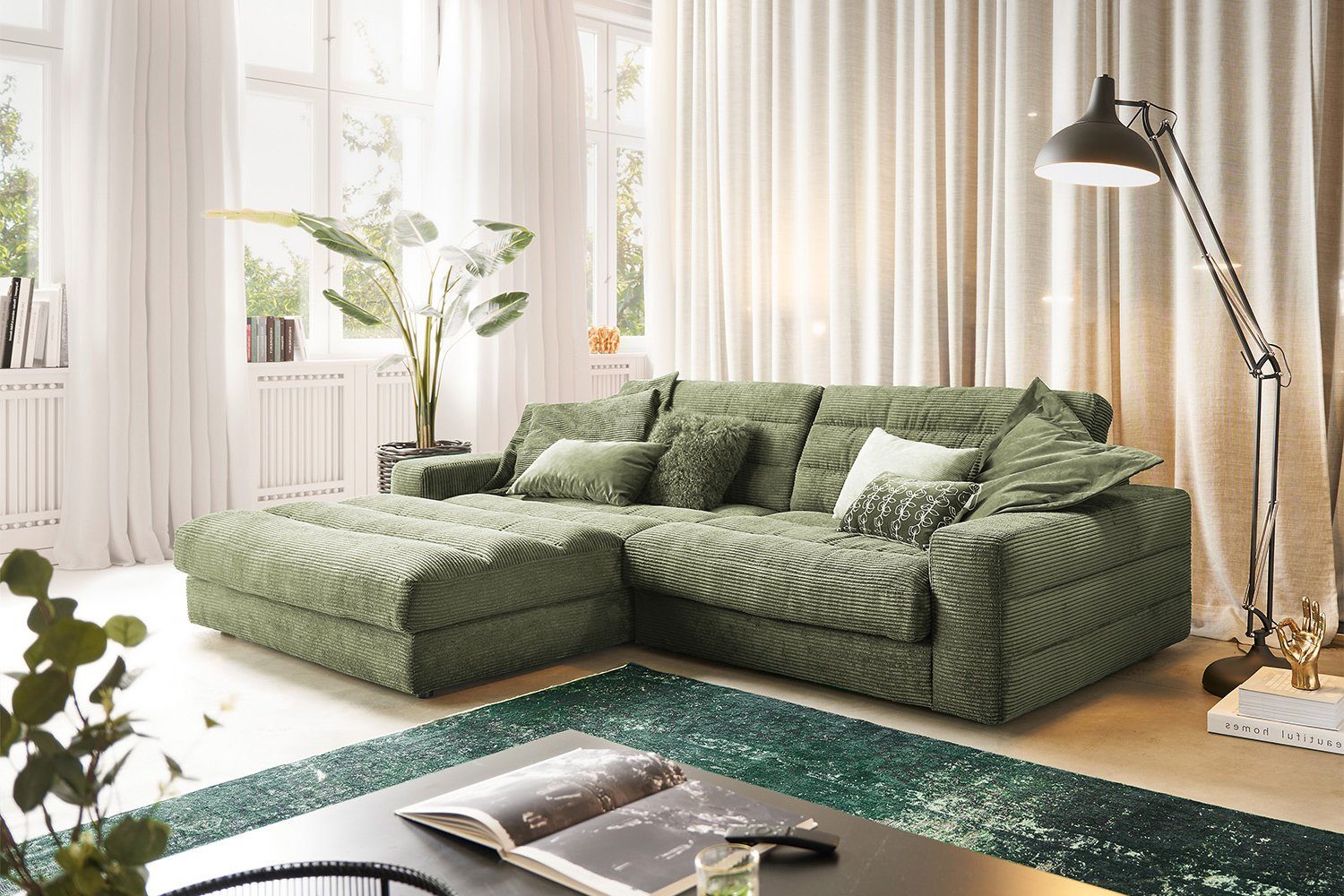 KAWOLA Ecksofa LANA, Sofa Cord Recamiere rechts od. links versch. Größen und versch. Farben olivgrün
