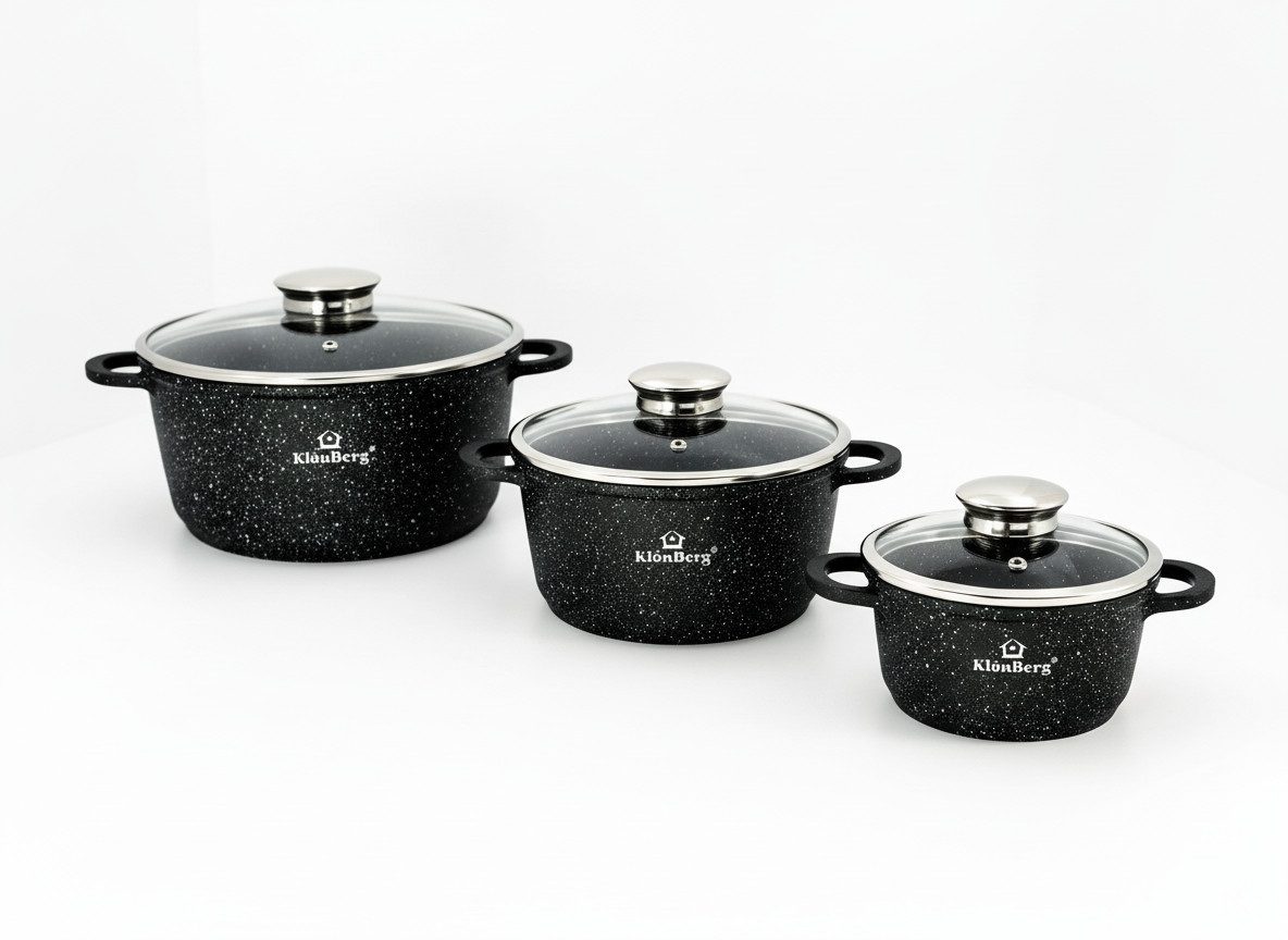 KlönBerg Topf-Set Wunderschöne Töpfe mit Steinbeschichtung in 3 verschiedenen Größen, Aluminiumguss, Keramik, Edelstahl (Passt in jede Küche! (2.4L / 4.3L / 6.1L), 6-tlg., Es ist eine perfekte Geschenkidee für jeden Anlass), Innovative Aroma Knob-Griffe