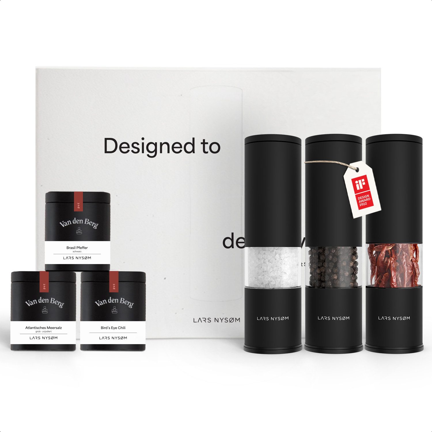 LARS NYSØM Gewürzmühle Lagom manuelle Bedienung, (2 Stück), Hochwertiges Geschenkset mit 3 Mühlen und 3 Gewürzen