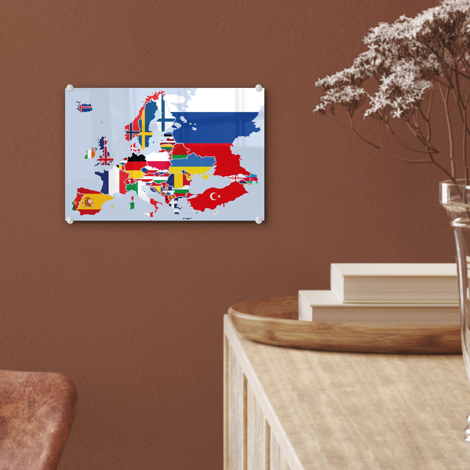 MuchoWow Acrylglasbild Karte - - Glas Flagge, auf St), Wandbild - Europa auf - Wanddekoration (1 Foto Glasbilder Bilder - Glas